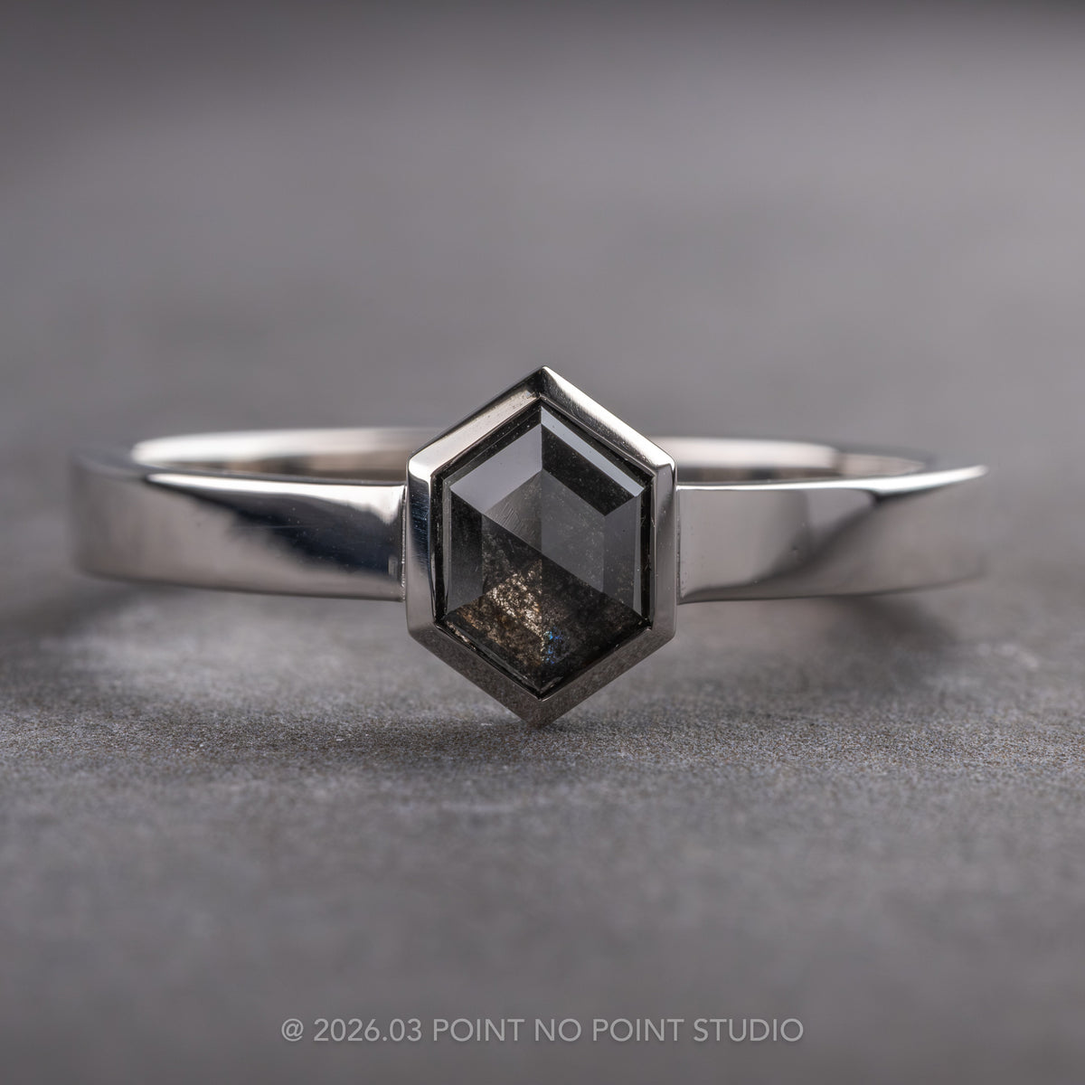 1.37 Carat Black Hexagon Diamond Engagement Ring, Bezel Jessie Setting, 14k White Gold