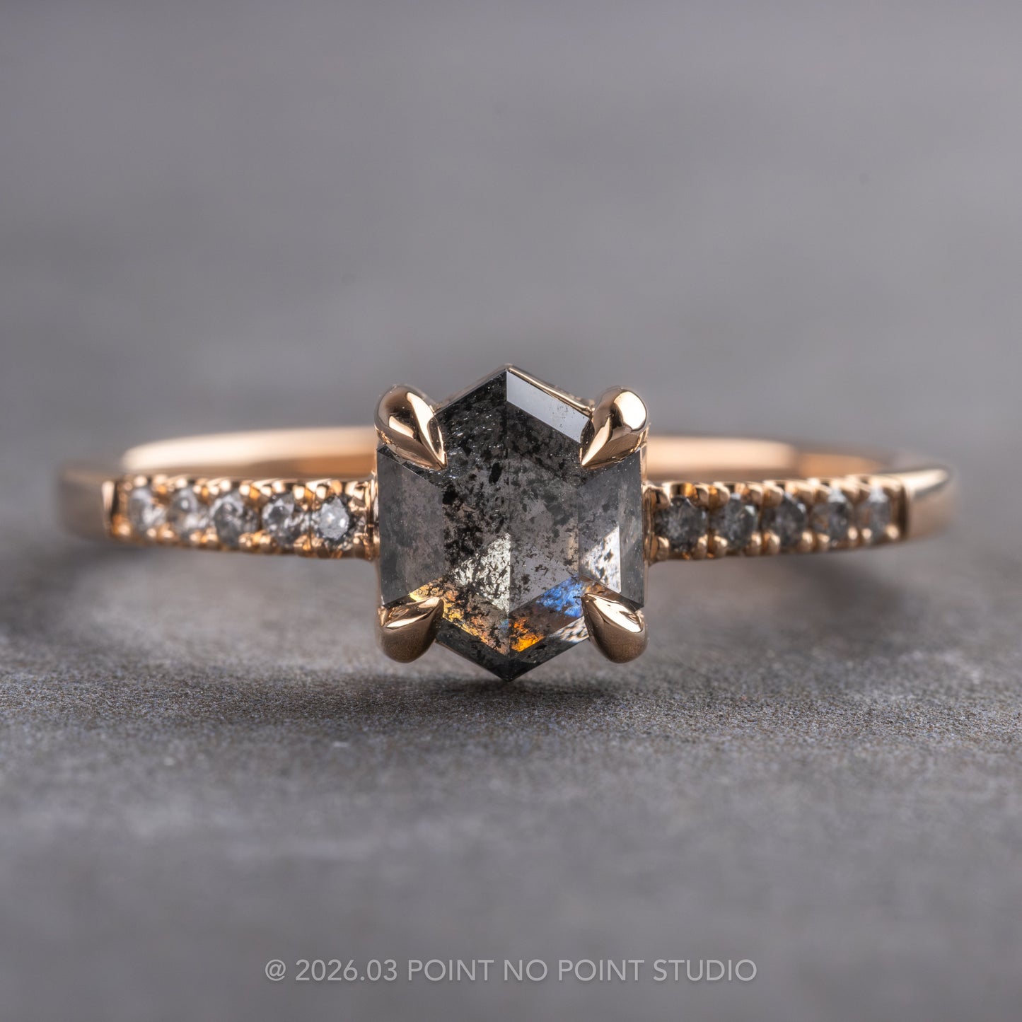 1.31 Carat Salt and Pepper Hexagon Diamond Engagement Ring, Jules Setting, 14K Peach Gold