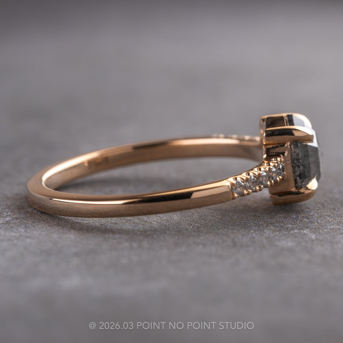 1.31 Carat Salt and Pepper Hexagon Diamond Engagement Ring, Jules Setting, 14K Peach Gold