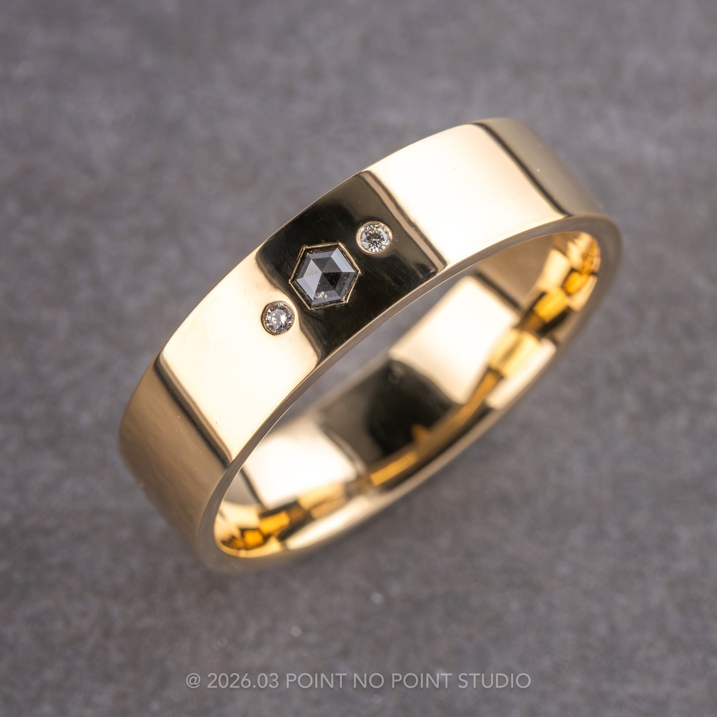 Salt and Pepper Hexagon White Diamond Mens Wedding Band, Comfort Fit