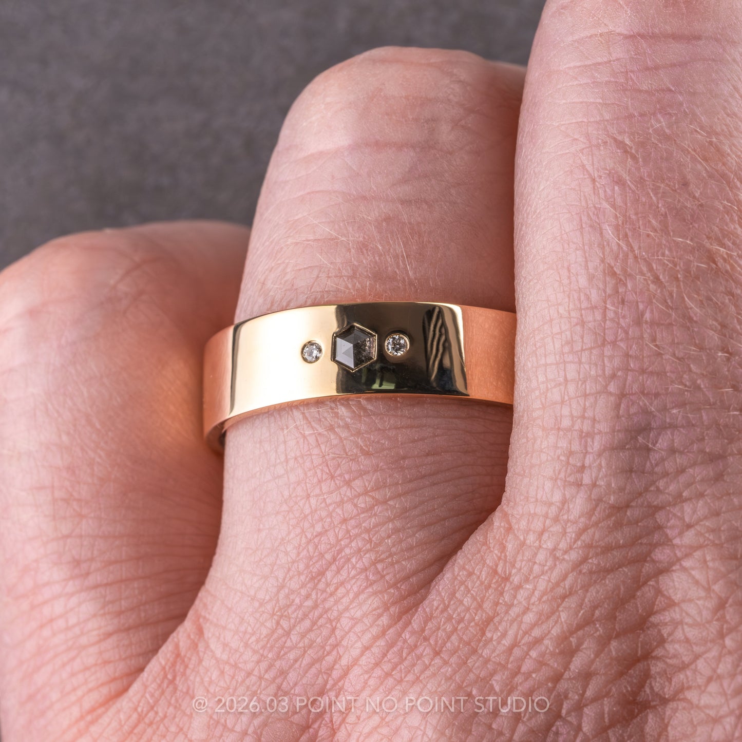 Salt and Pepper Hexagon White Diamond Mens Wedding Band, Comfort Fit
