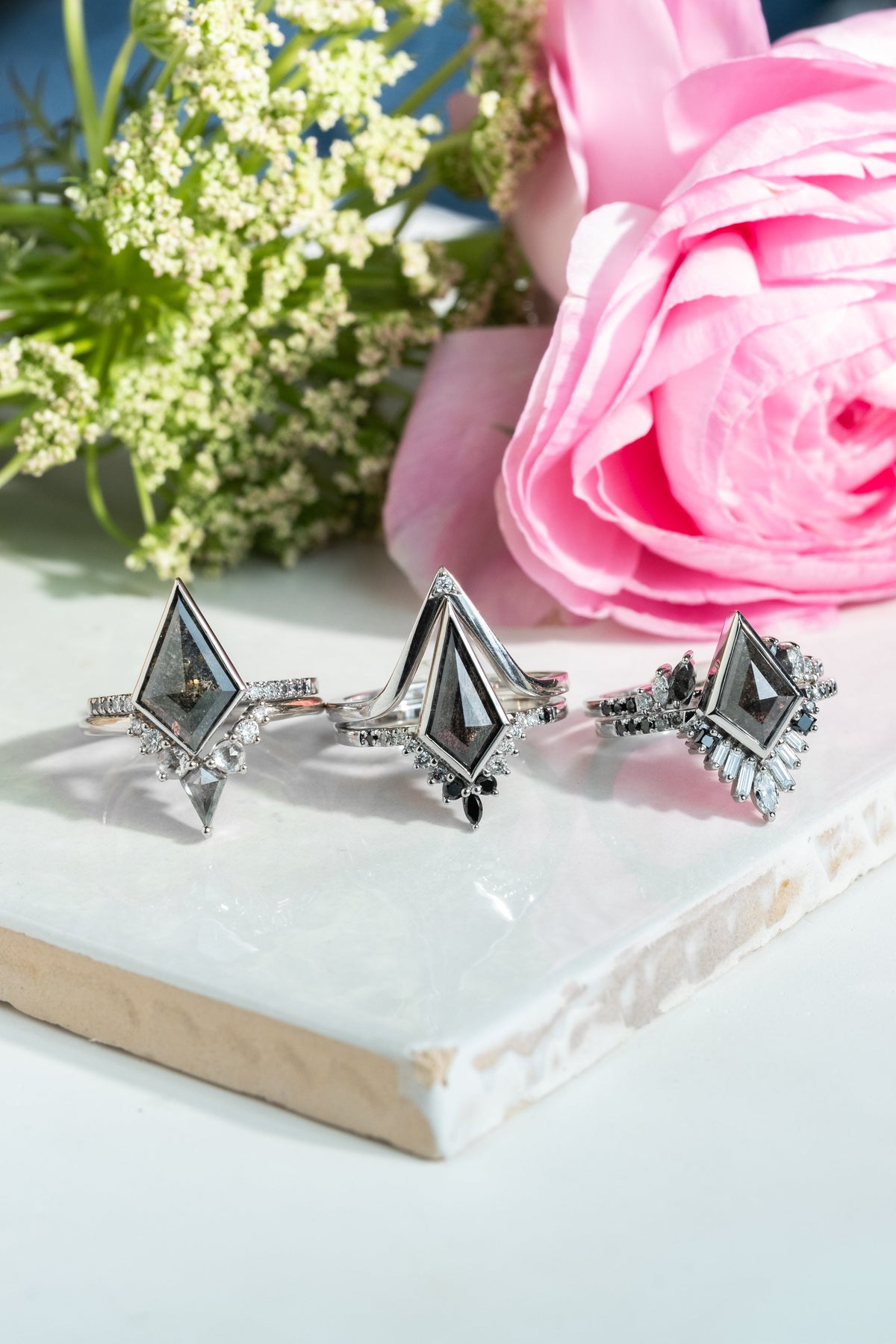 1.65 Carat Black Salt and Pepper Kite Diamond Engagement Ring, Bezel Ombre Wren Setting, Platinum