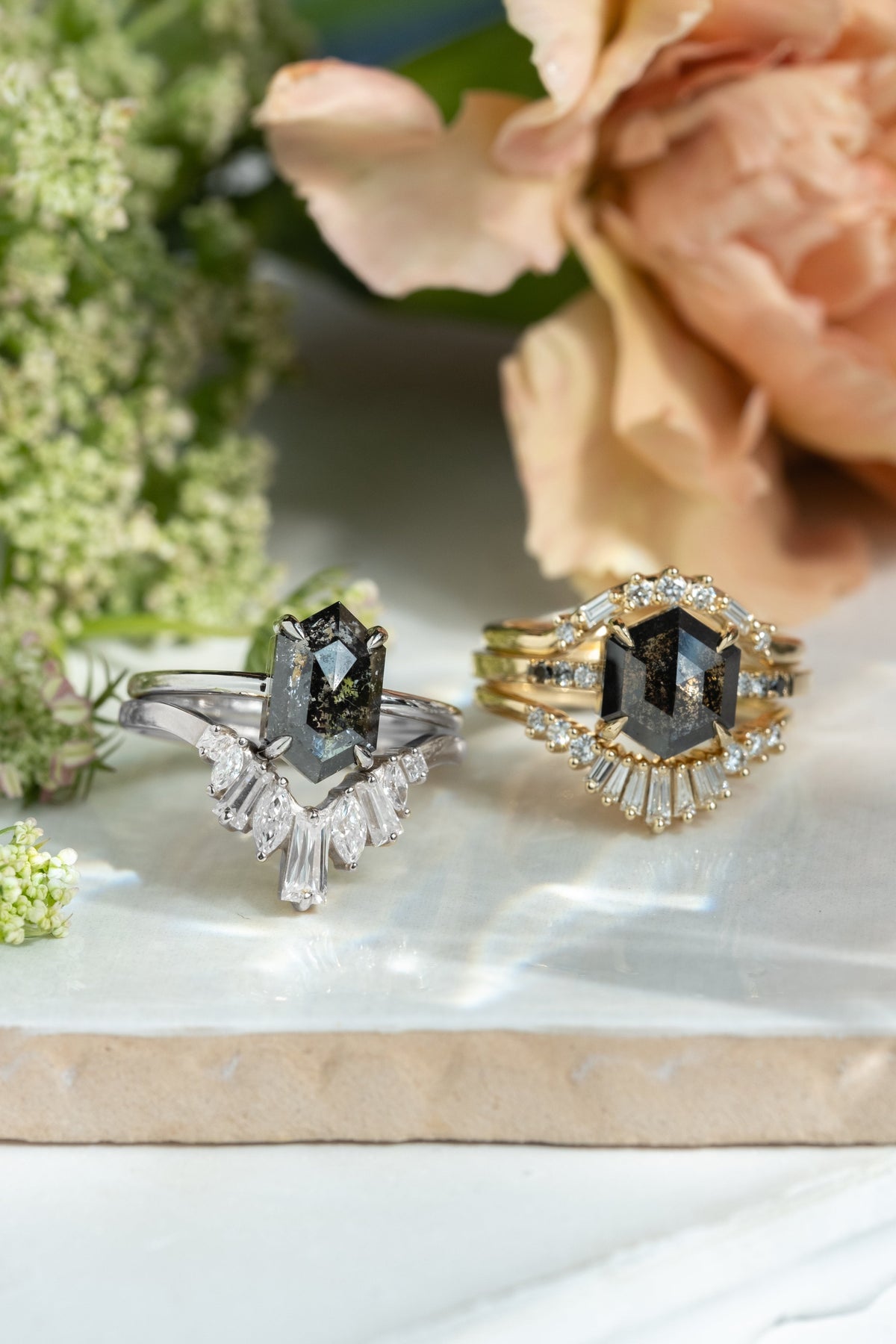 1.74 Carat Black Salt and Pepper Hexagon Diamond Engagement Ring, Ombre Jules Setting, 14k Yellow Gold