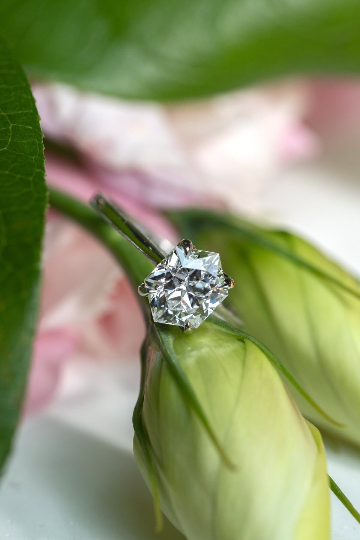 Hexagon Lab Diamond Engagement Ring, Engraved Tulip Setting