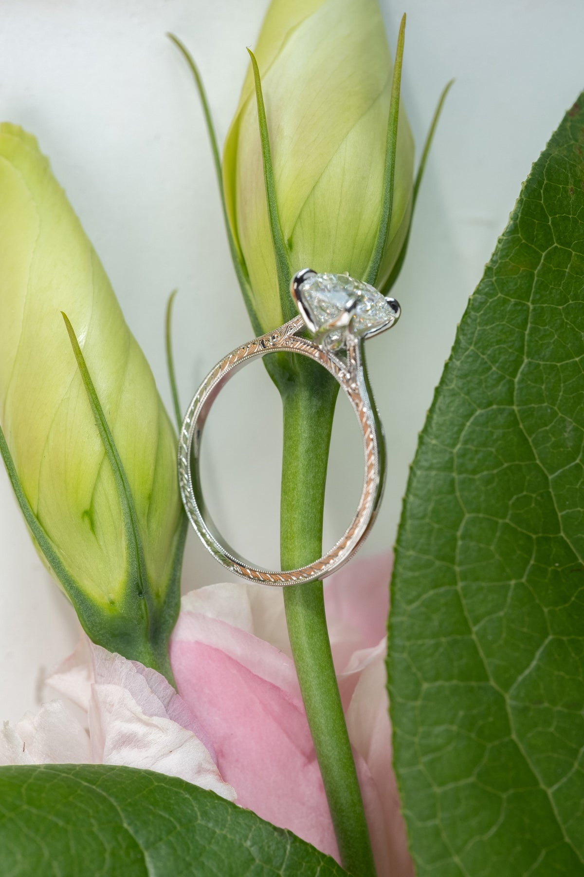 Hexagon Lab Diamond Engagement Ring, Engraved Tulip Setting