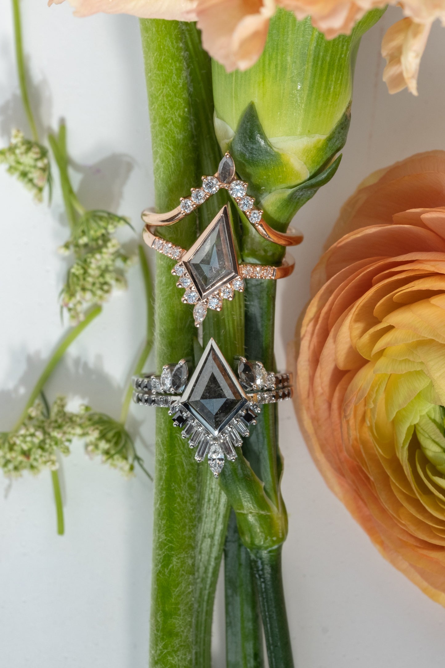.98 Carat Salt and Pepper Kite Diamond Engagement Ring, Bezel Avaline Setting, 14k Rose Gold