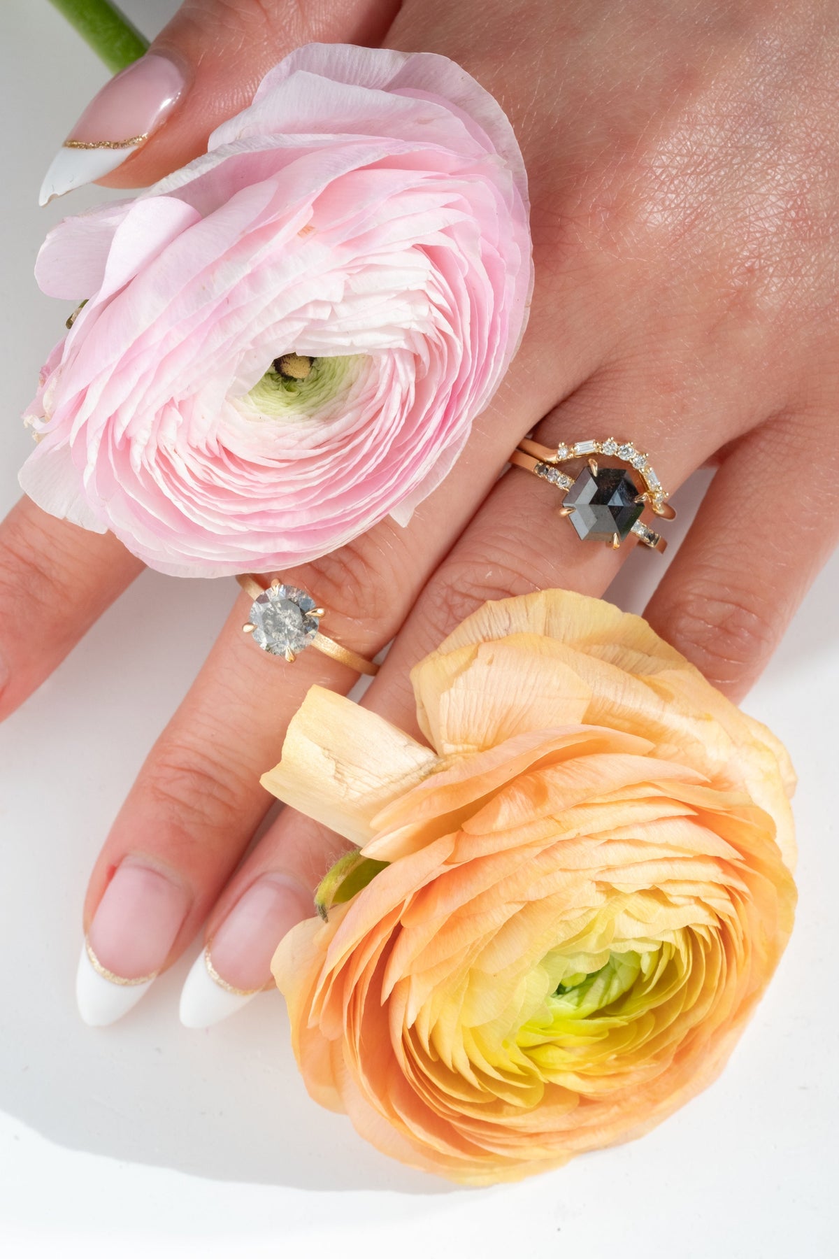 1.74 Carat Black Salt and Pepper Hexagon Diamond Engagement Ring, Ombre Jules Setting, 14k Yellow Gold