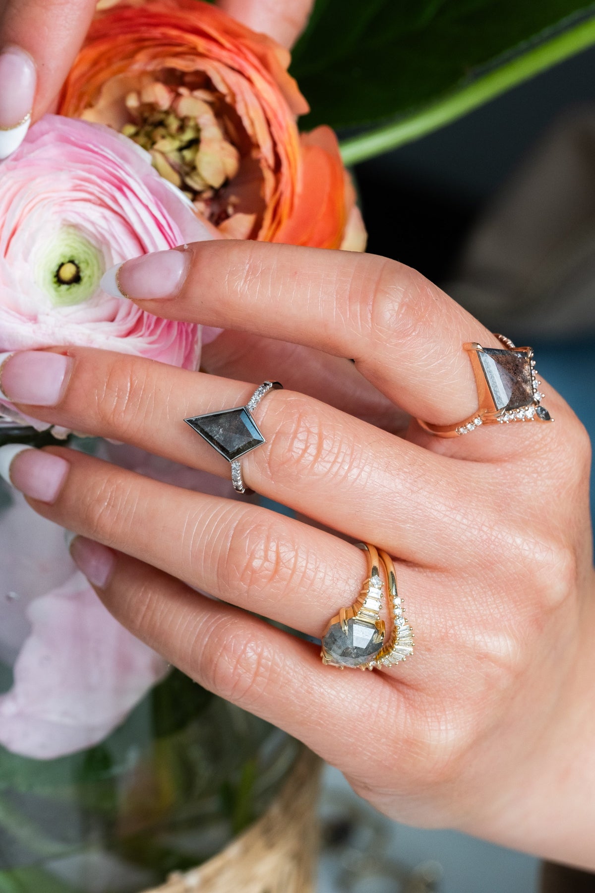 1.53 Carat Black Salt and Pepper Kite Diamond Engagement Ring, Bezel Ombre Jules Setting, Platinum