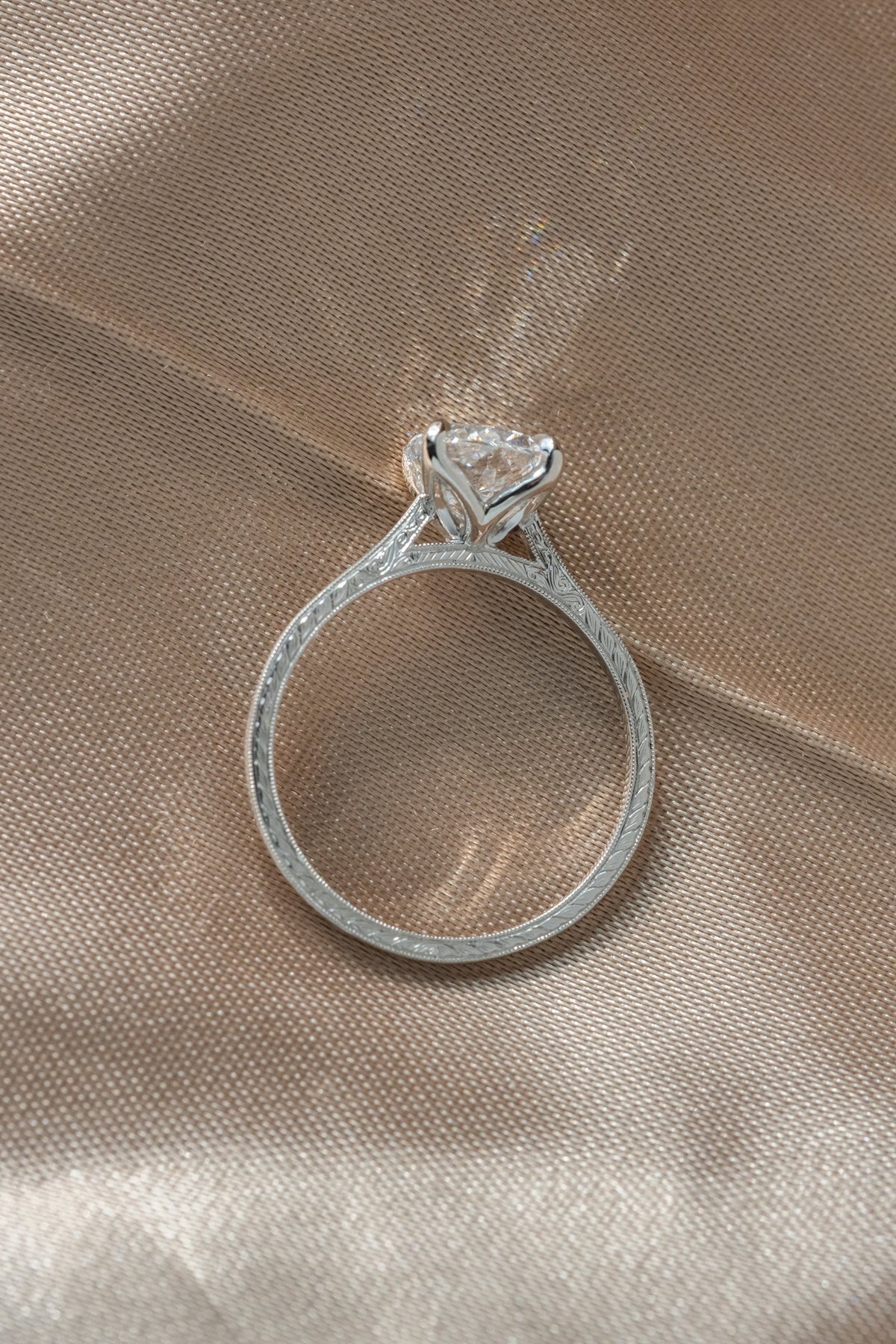 Hexagon Lab Diamond Engagement Ring, Engraved Tulip Setting