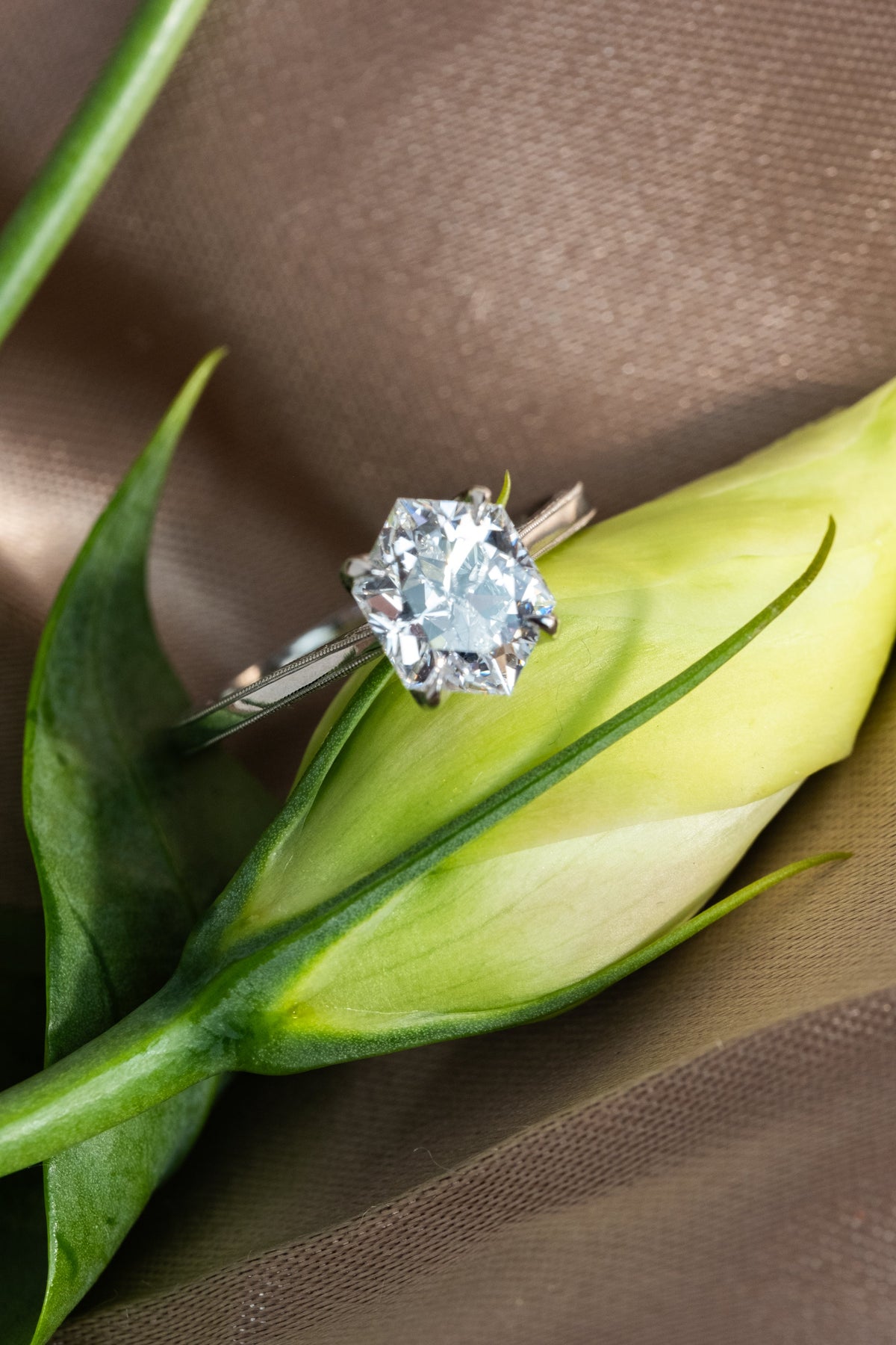 Hexagon Lab Diamond Engagement Ring, Engraved Tulip Setting