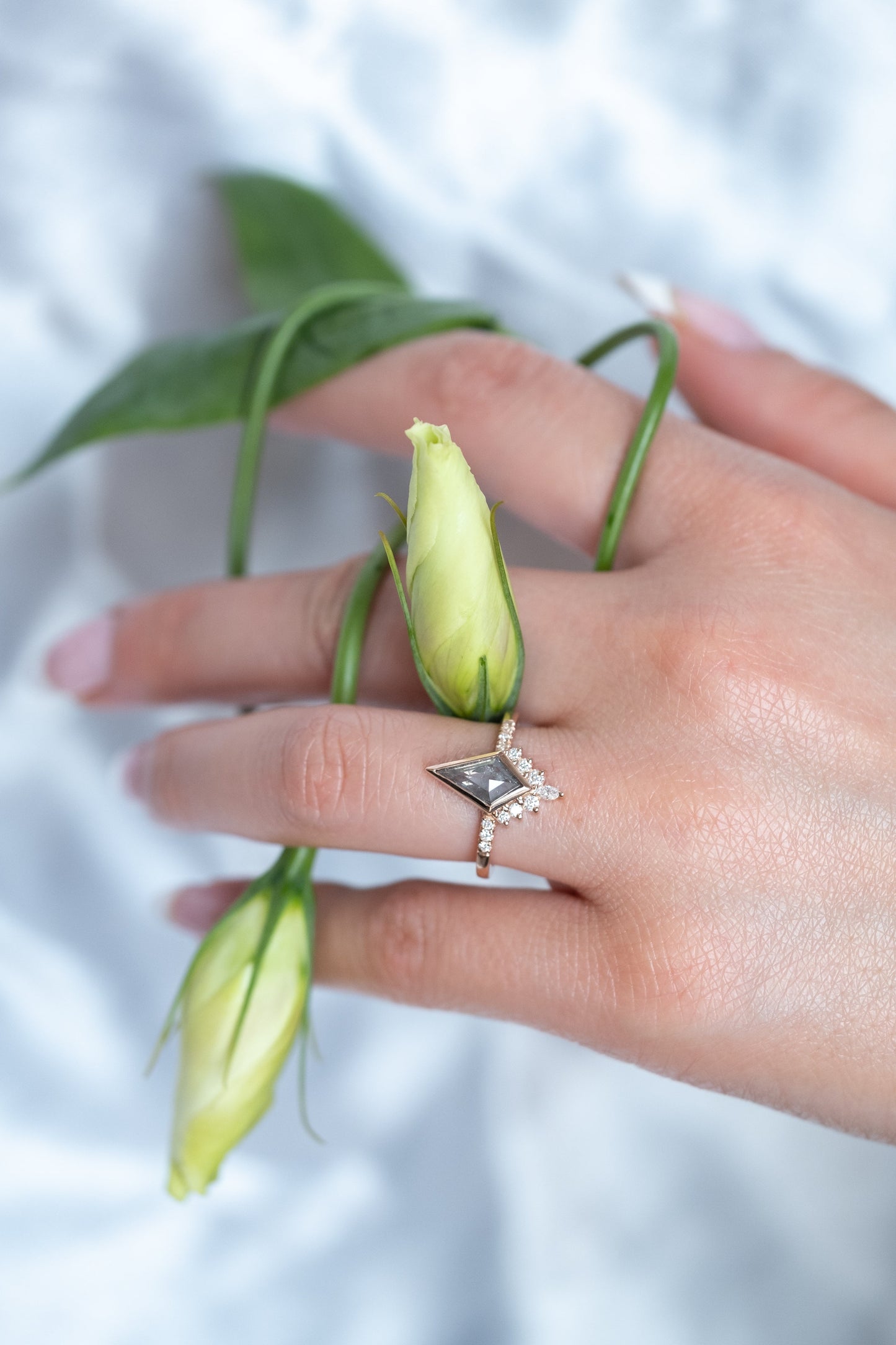 .98 Carat Salt and Pepper Kite Diamond Engagement Ring, Bezel Avaline Setting, 14k Rose Gold