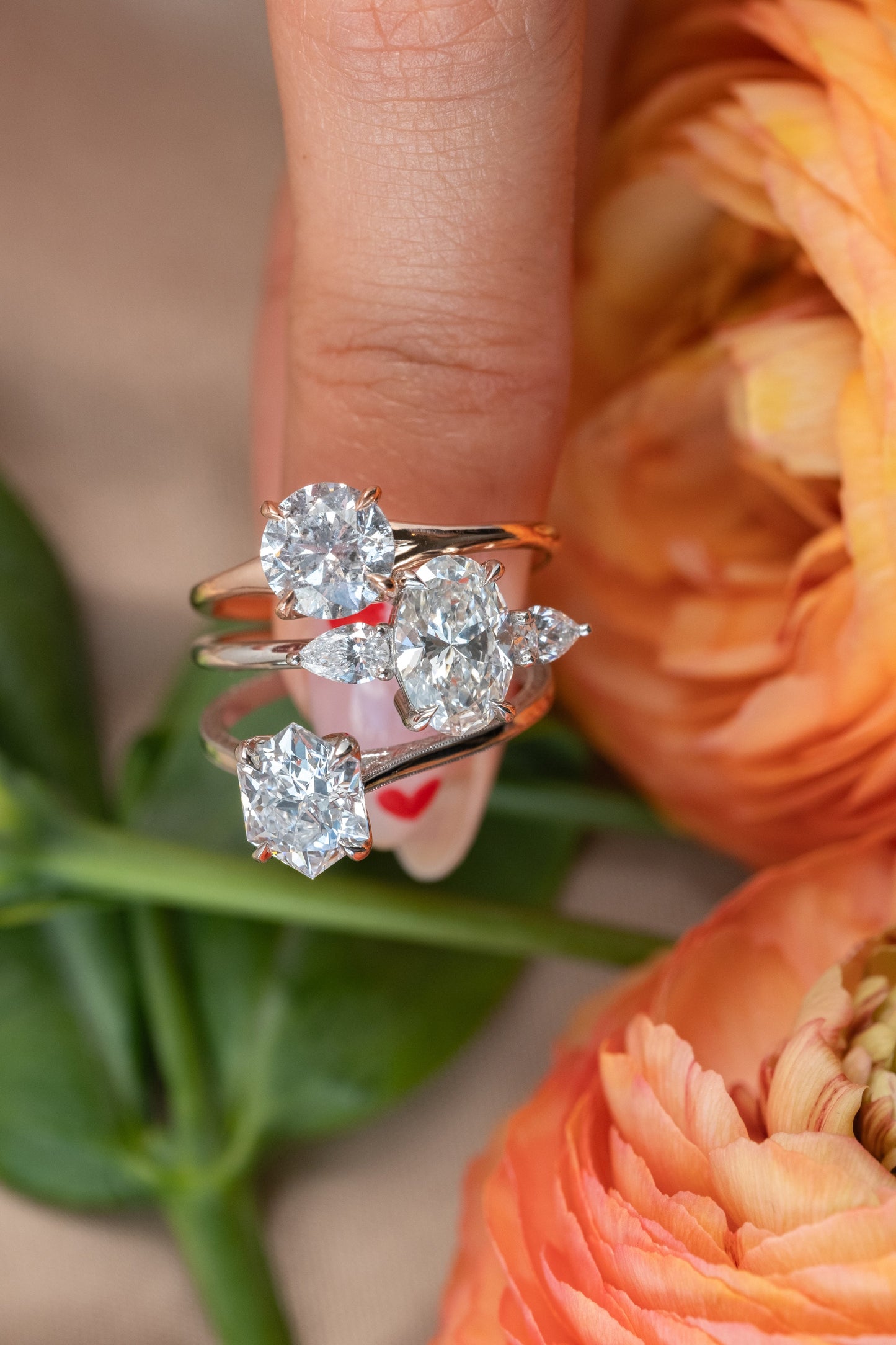 Hexagon Lab Diamond Engagement Ring, Engraved Tulip Setting