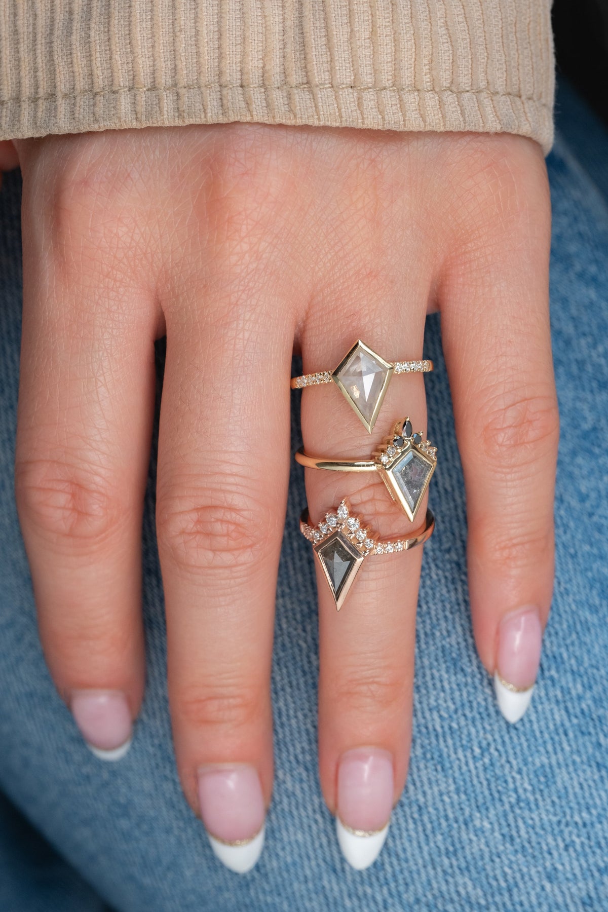 .98 Carat Salt and Pepper Kite Diamond Engagement Ring, Bezel Ombre Ava Setting, 14K Yellow Gold