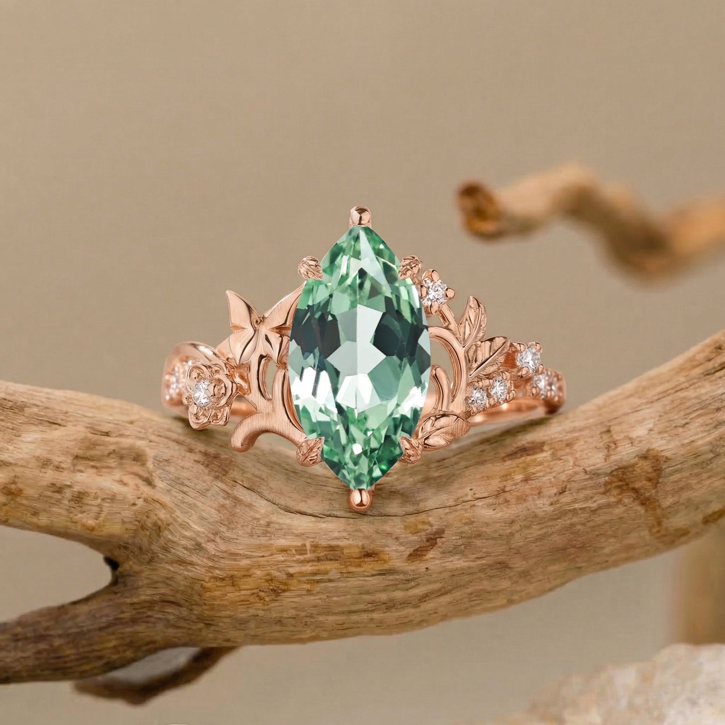 Garden Marquise Cut Green Sapphire Nature Inspired Engagement Ring - Florentina