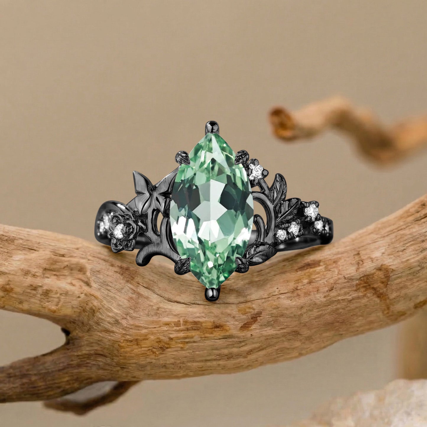 Garden Marquise Cut Green Sapphire Nature Inspired Engagement Ring - Florentina