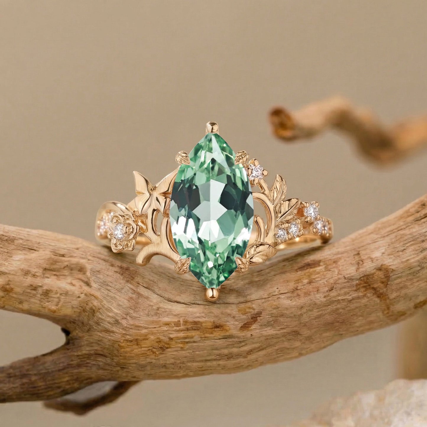 Garden Marquise Cut Green Sapphire Nature Inspired Engagement Ring - Florentina