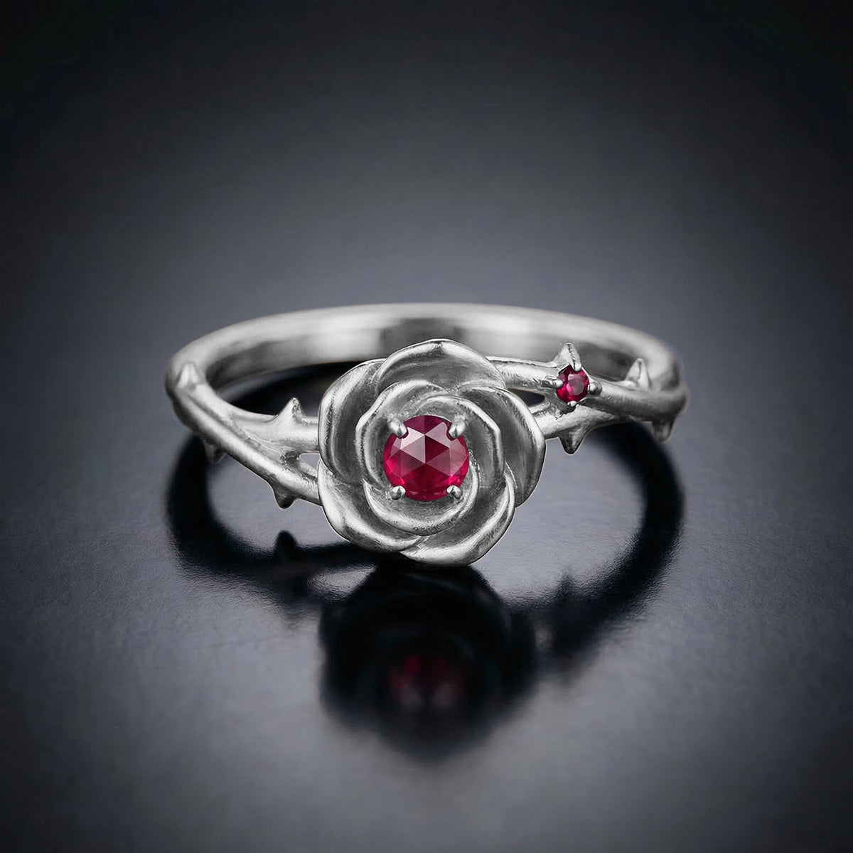 Minimalist Nature Inspired Round Lab Ruby 'Thorns & Roses' Twisted Engagement Ring