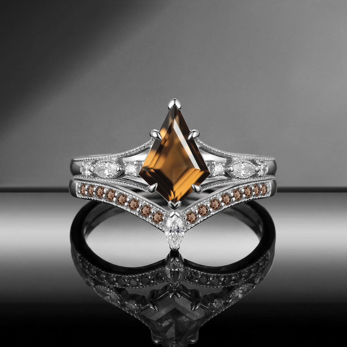 Vintage Art-Deco Kite Smokey Quartz Milgrain Split Shank Engagement Ring Set 2pcs