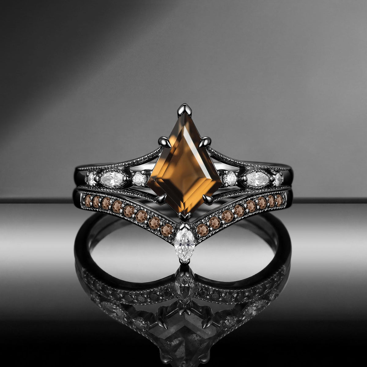Vintage Art-Deco Kite Smokey Quartz Milgrain Split Shank Engagement Ring Set 2pcs