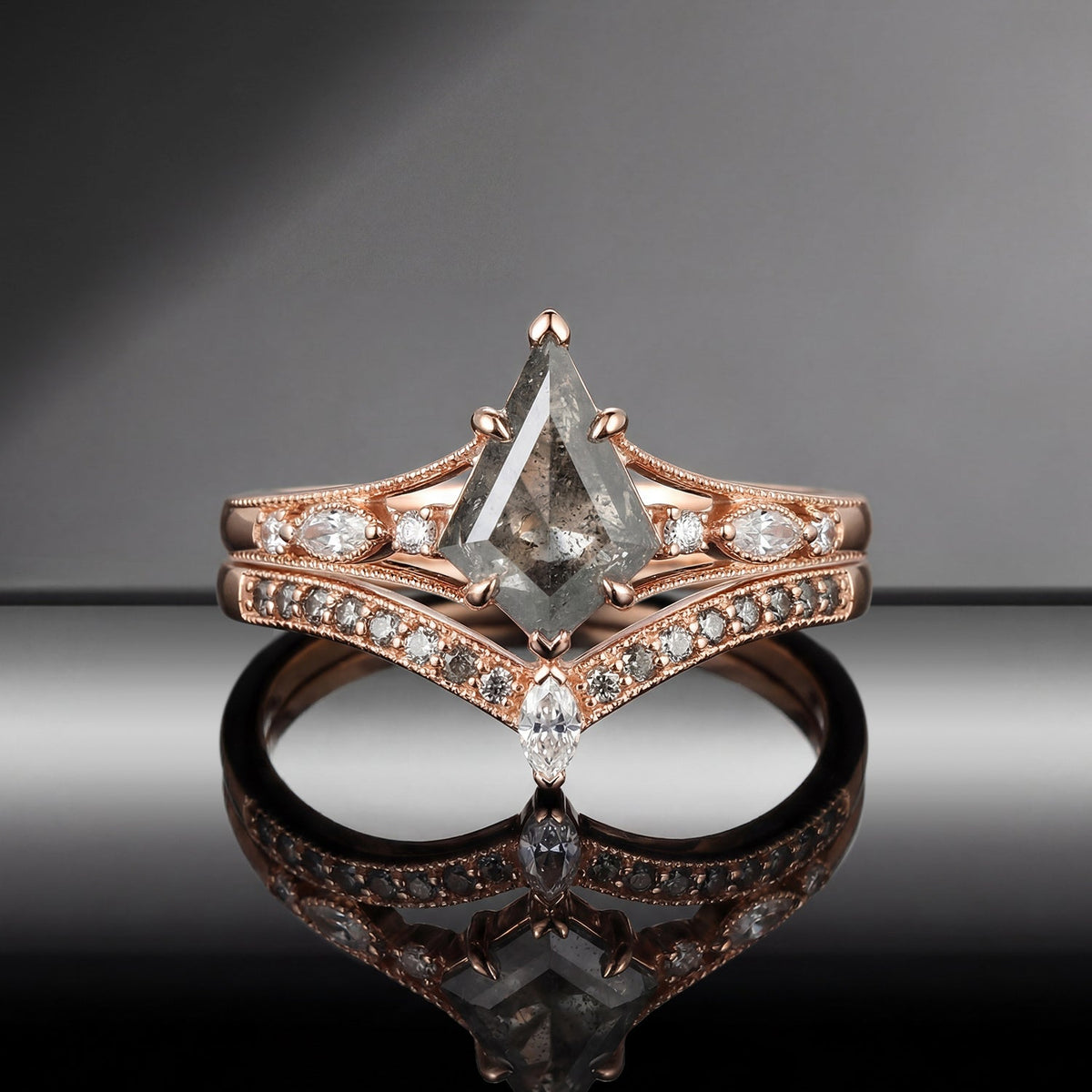 Vintage Art-Deco Kite Salt & Pepper Diamond Milgrain Split Shank Engagement Ring Set 2pcs