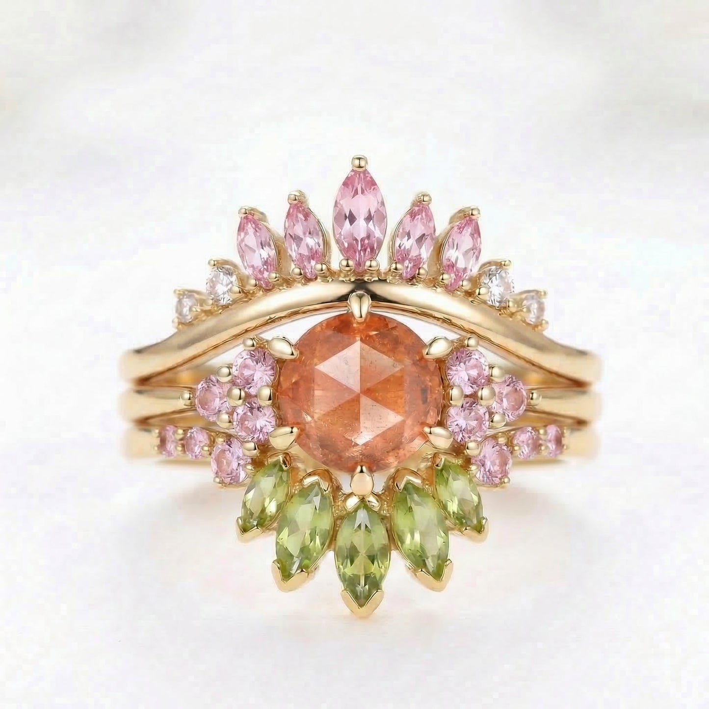 Bette‘s Eyes | Unique Round Rose Cut Strawberry Quartz Alternative Bride Engagement Ring Set 3pcs