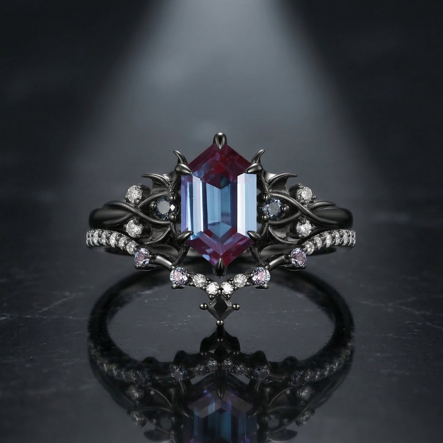 Gothic Inspired Long Hexagon Lab Alexandrite Black Gold Infinity Engagement Ring Set 2pcs - Night Court
