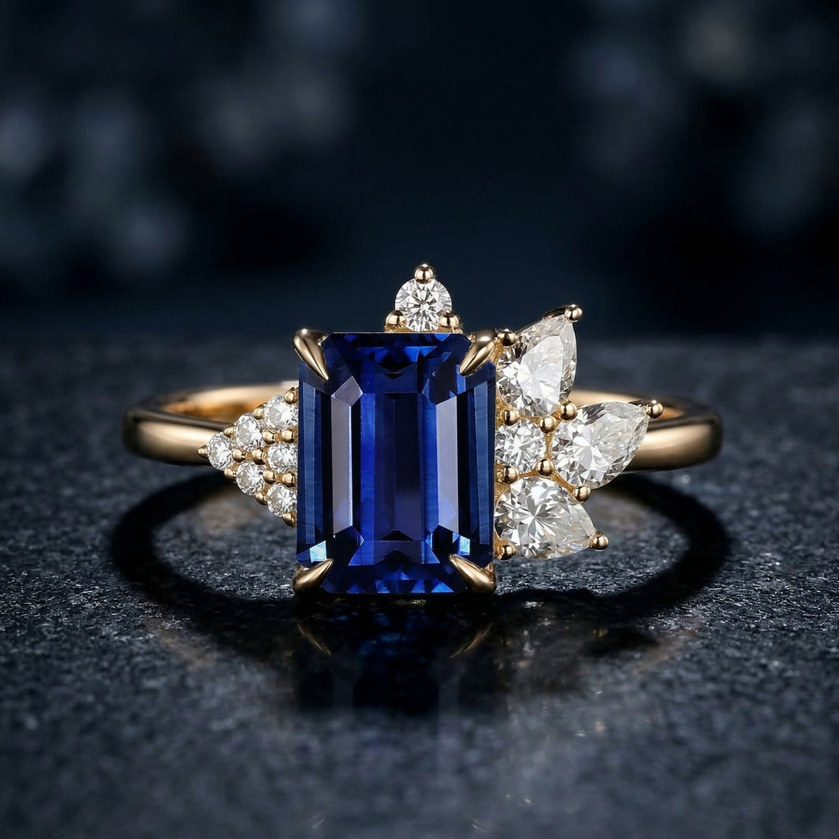 Art Deco Emerald Cut Natural Sapphire Vintage Cluster Engagement Ring