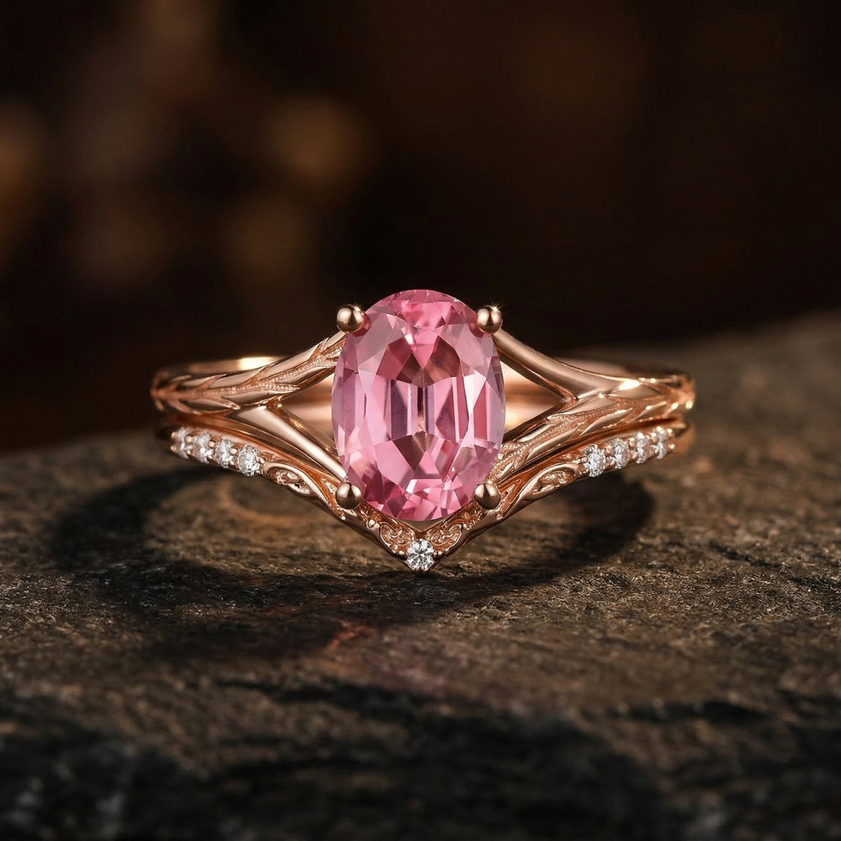 Nature Inspired Oval Cut Natural Pink Tourmaline Textured Engagement Ring Set 2pcs