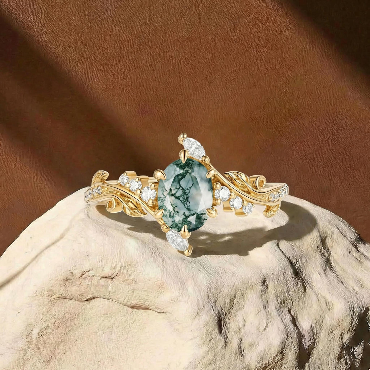 Leafy Inspired Oval Cut Moss Agate Enhancer Vine Engagement Ring - Bette