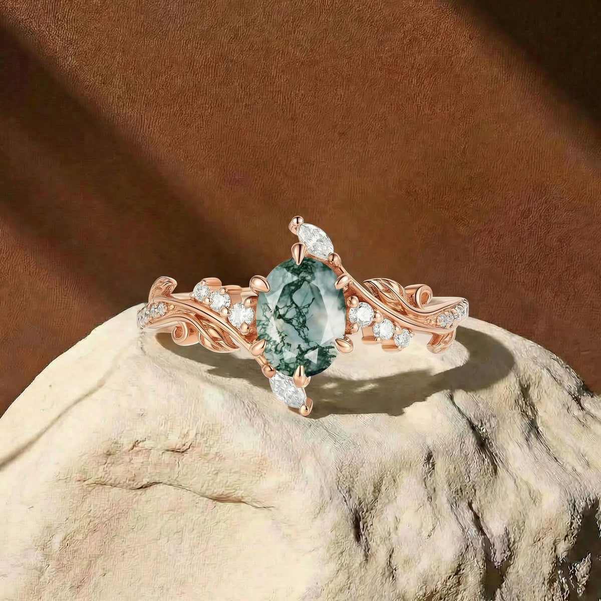 Leafy Inspired Oval Cut Moss Agate Enhancer Vine Engagement Ring - Bette