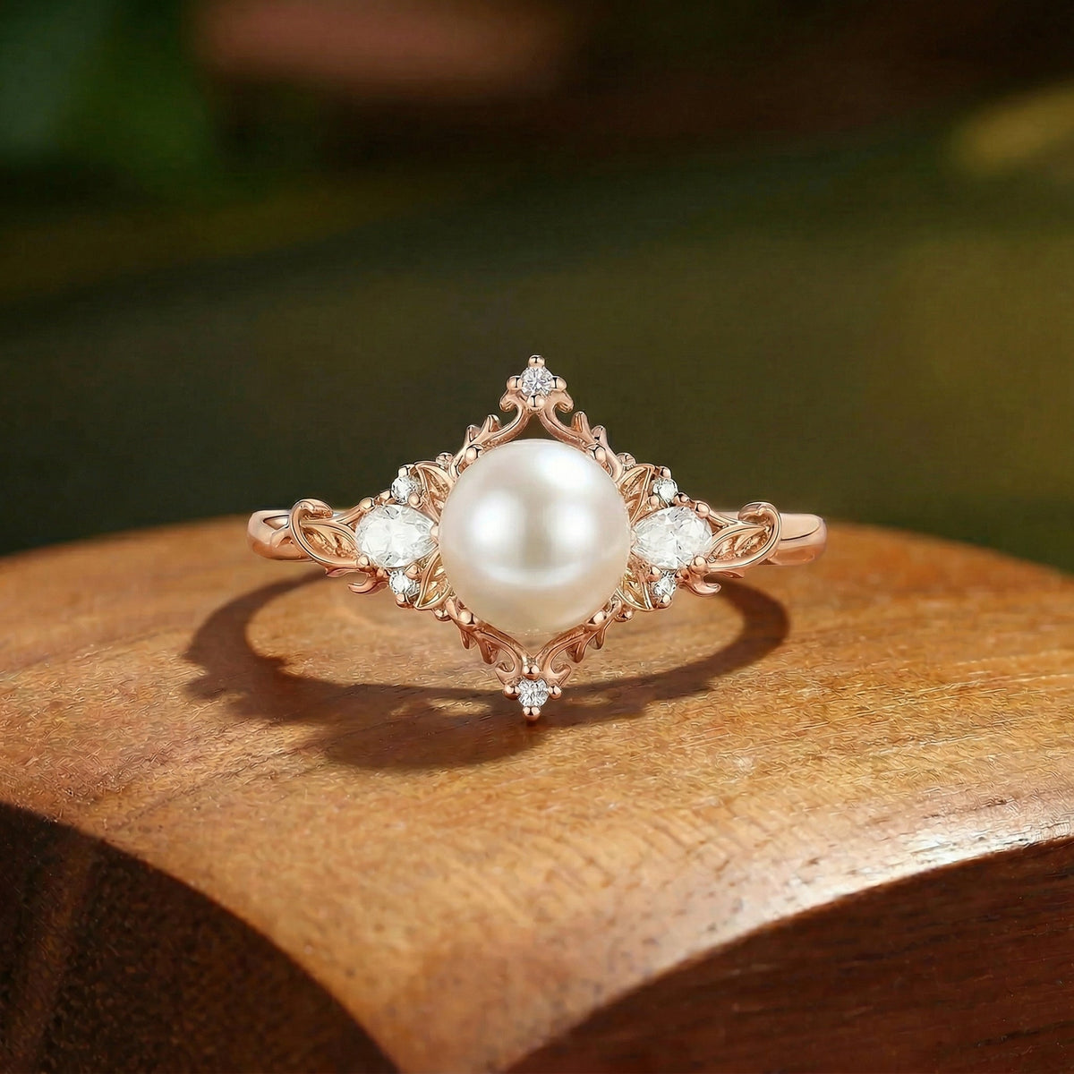 Floral Fairy Round Cut Pearl Flower Engagement Ring - Fanchon