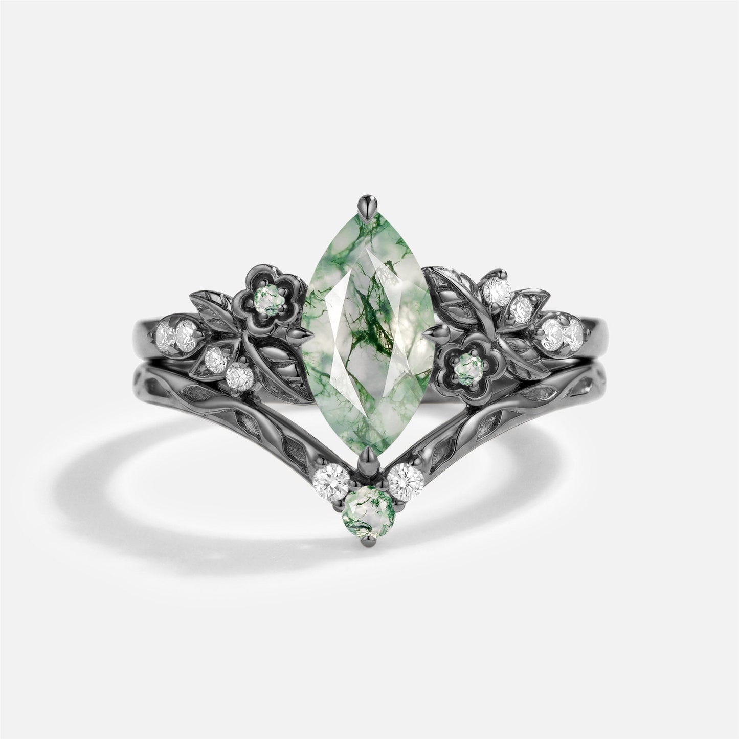 Marquise Cut Moss Agate Flower Vintage Engagement Ring Set 2pcs - Kaelen