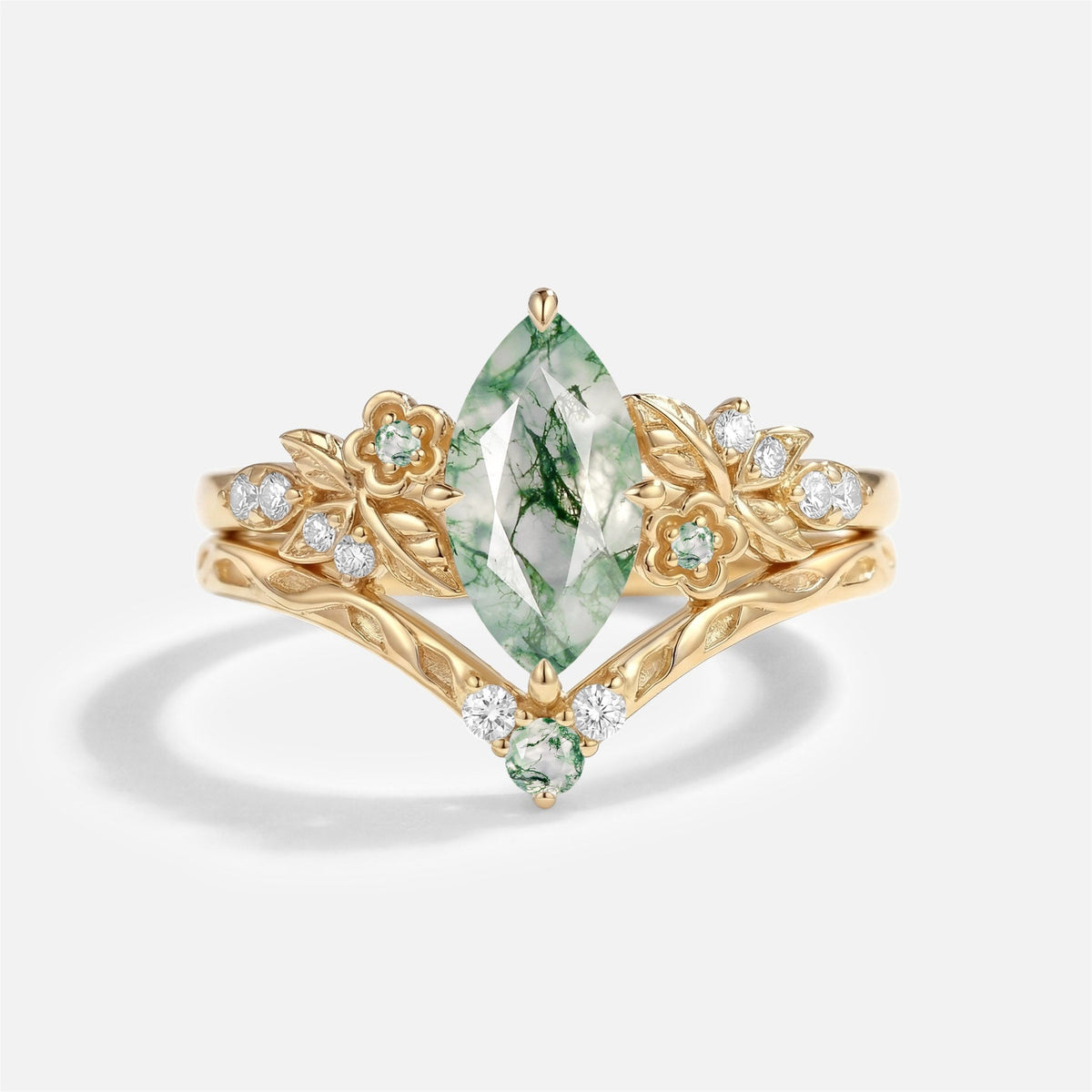 Marquise Cut Moss Agate Flower Vintage Engagement Ring Set 2pcs - Kaelen