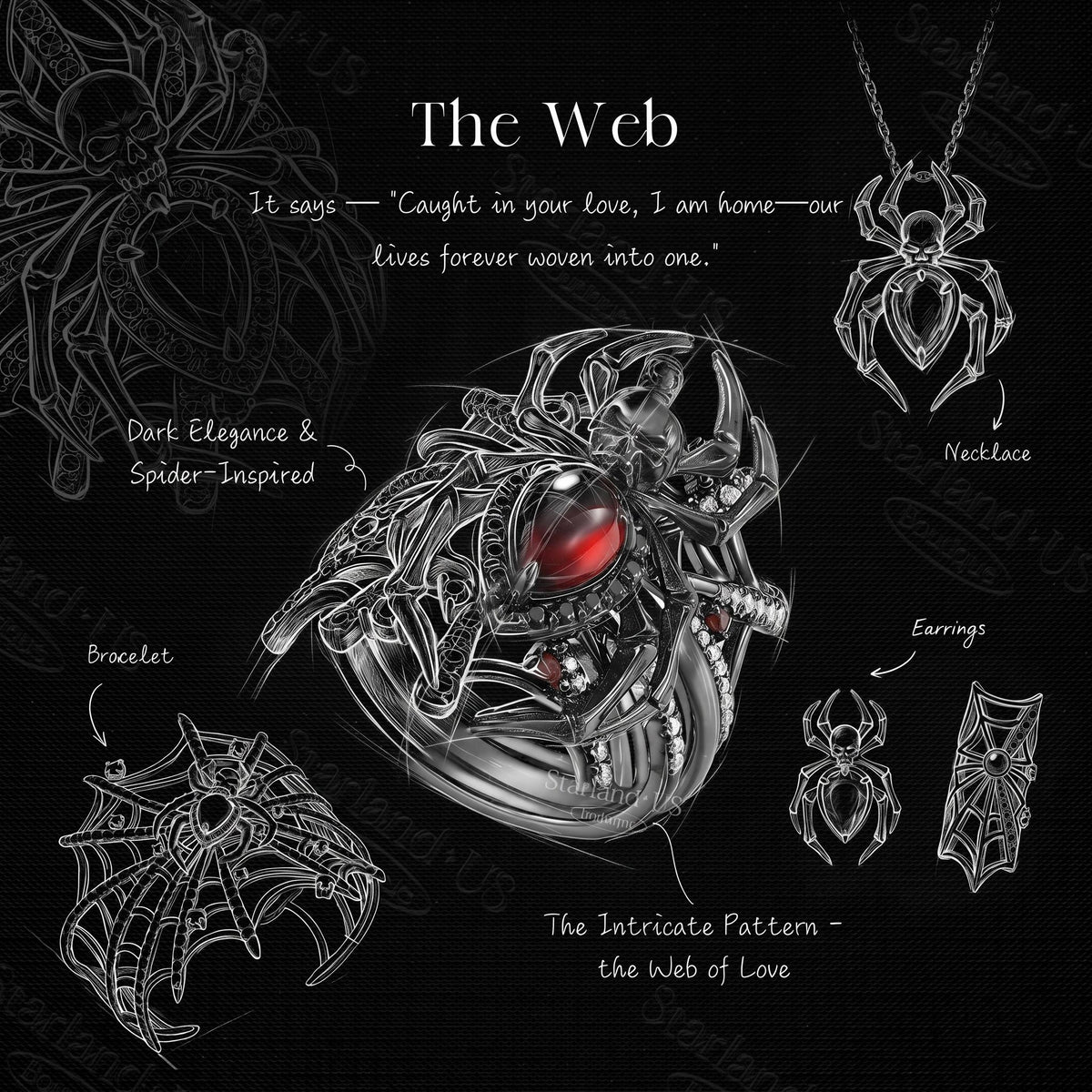 Deluxe Unique Spider & Skull Pear Cut Garnet Halloween Gothic Pendant Necklace