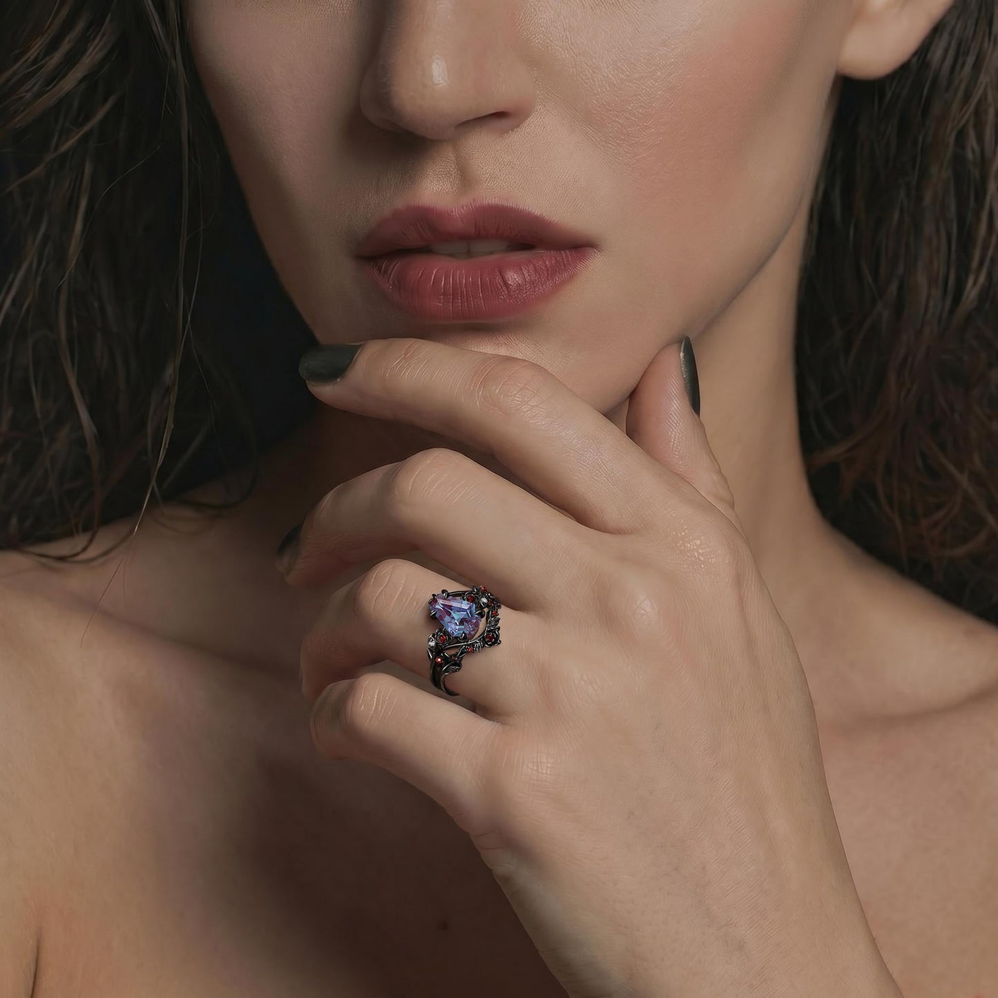 'The Fine Print' - Nature Inspired Coffin Cut Lab Alexandrite Thorns & Roses Bridal Set with Twisted Vine Band
