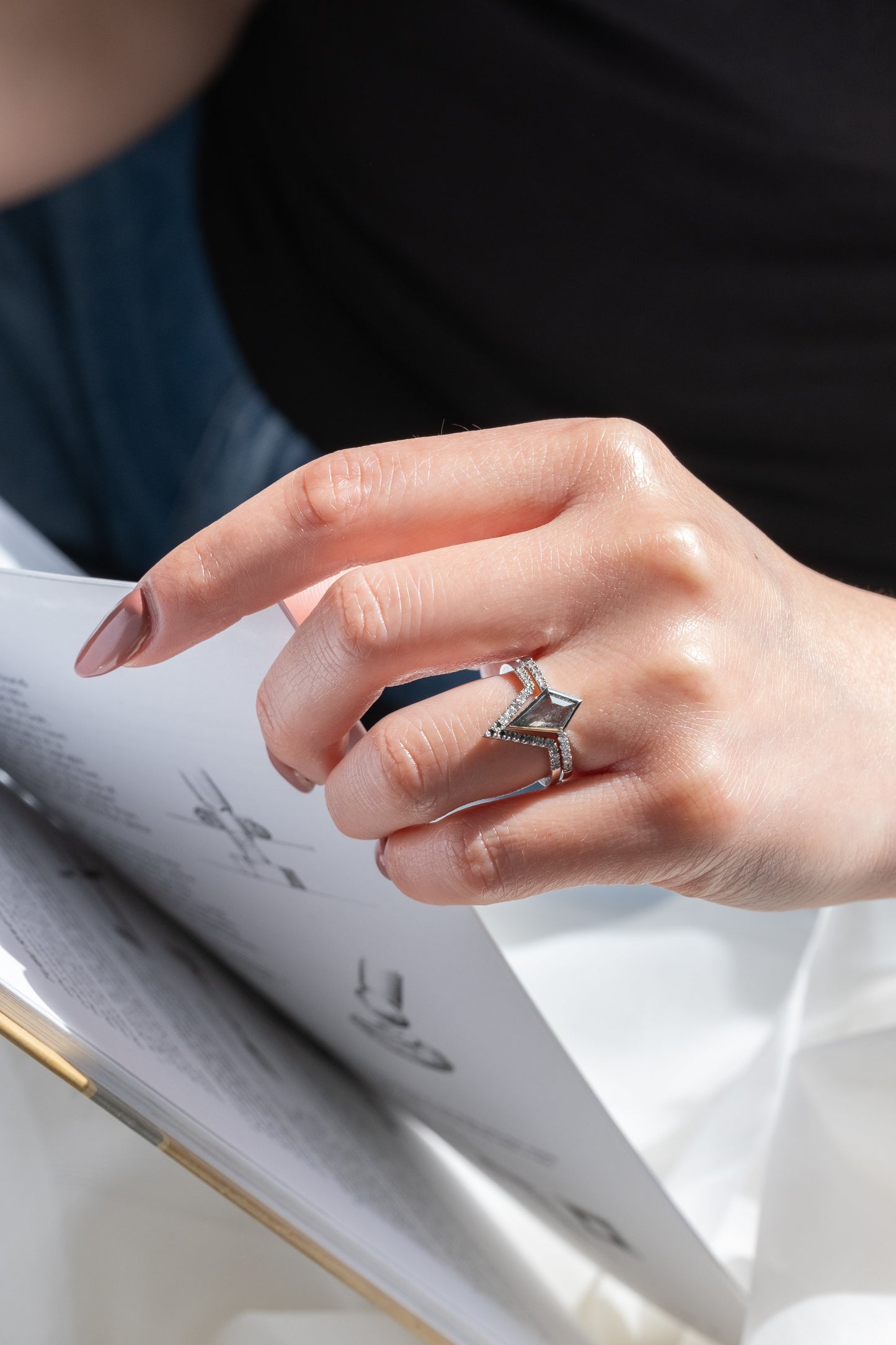 1.03 Carat Salt and Pepper Kite Diamond Engagement Ring, Bezel Jules Setting, Platinum