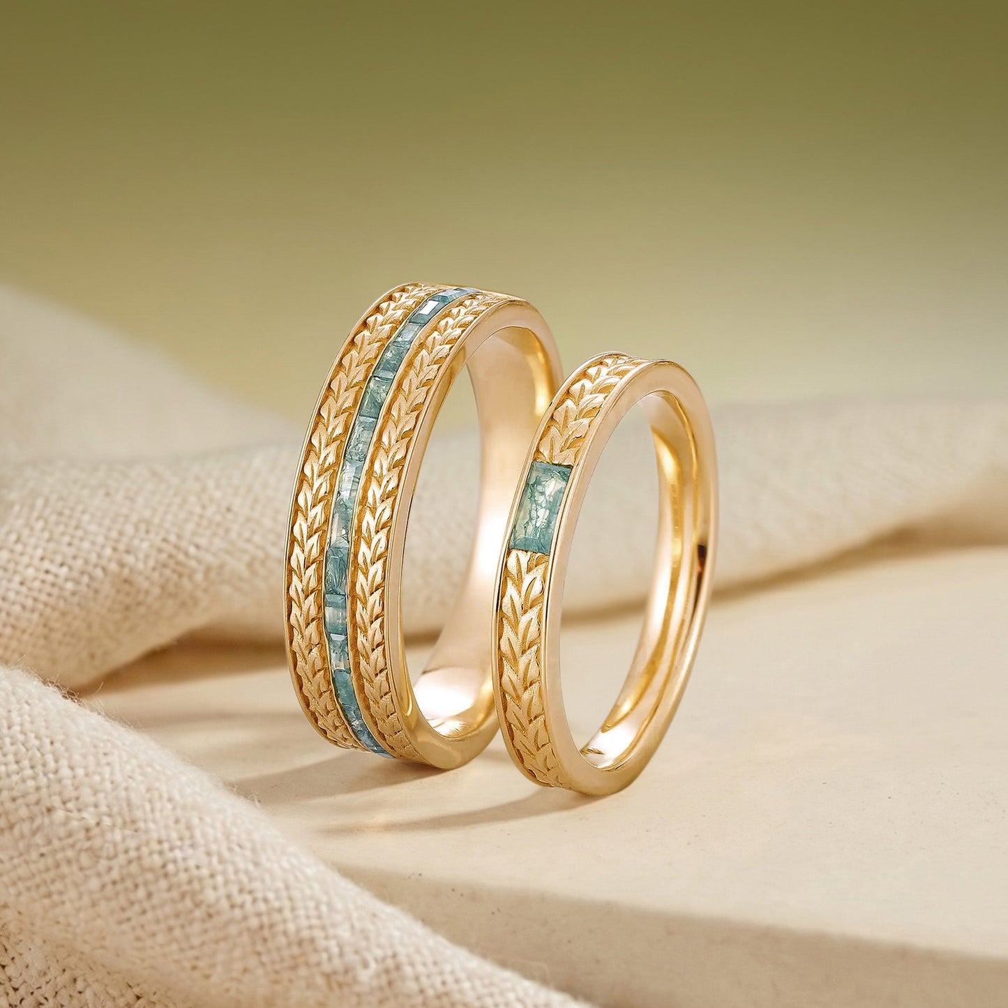 Wheat Harvest Moss Agate Baguette Engraved Couple Wedding Band - Velda