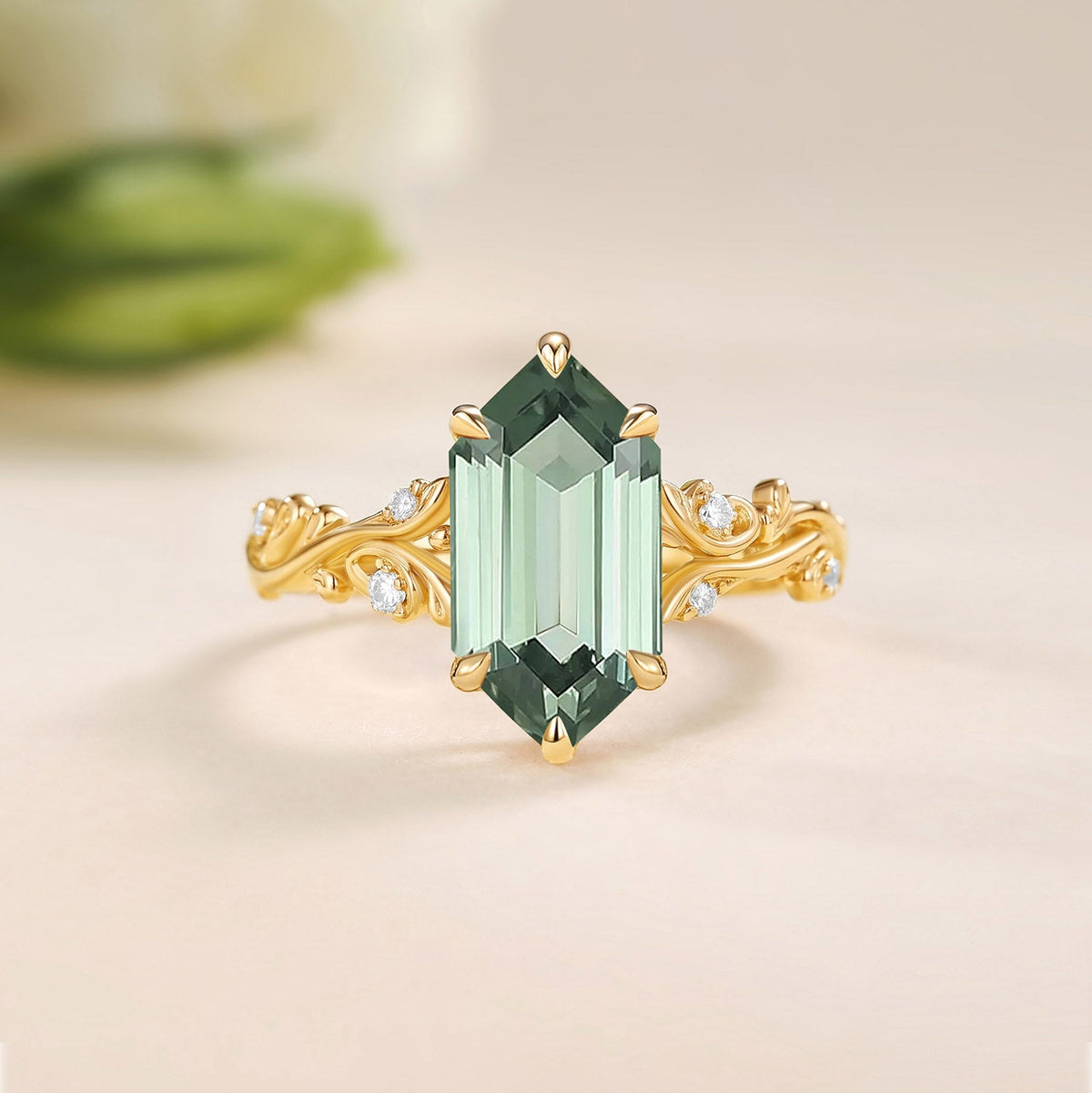 Long Hexagon Lab Green Sapphire Engagement Ring - Celadon