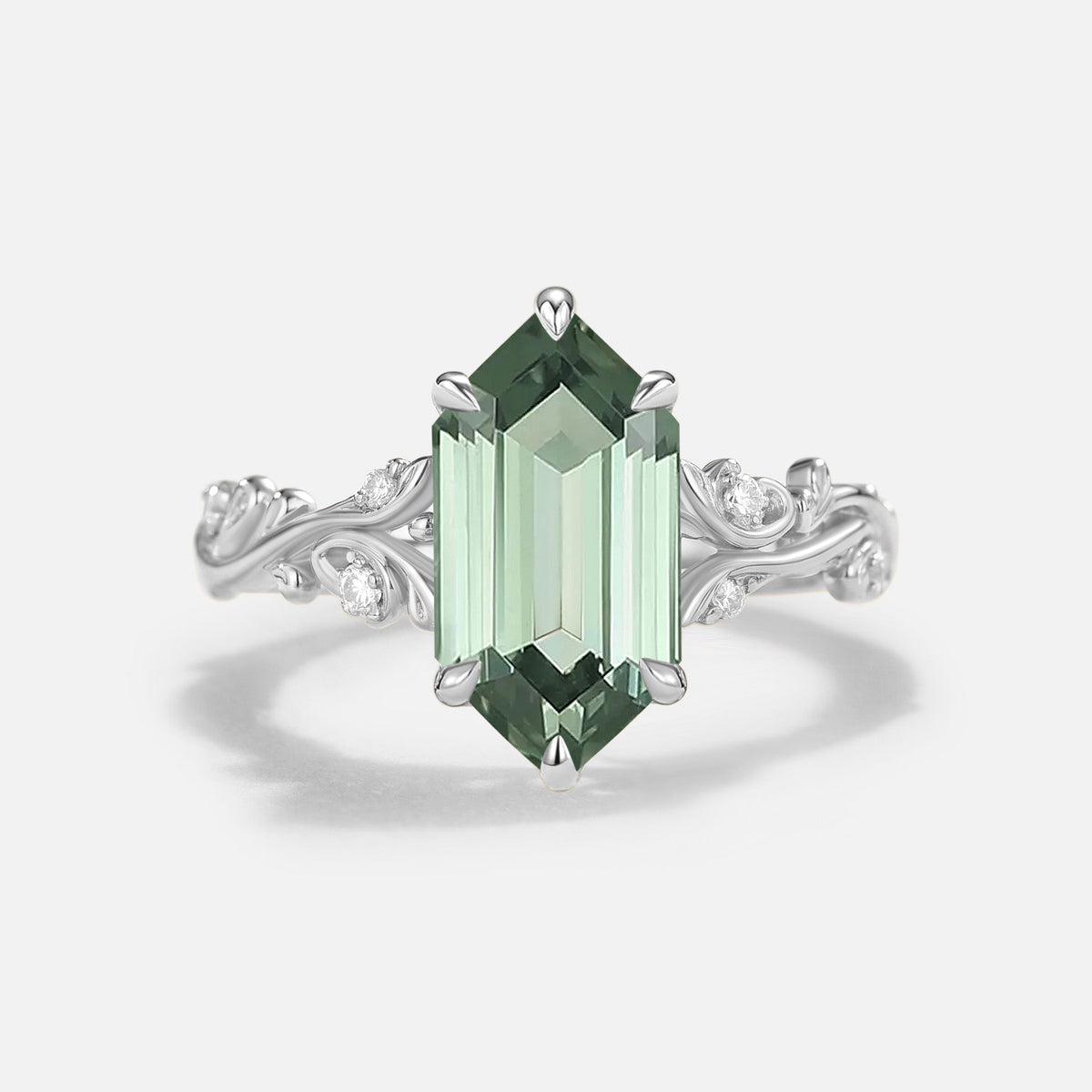 Long Hexagon Lab Green Sapphire Engagement Ring - Celadon