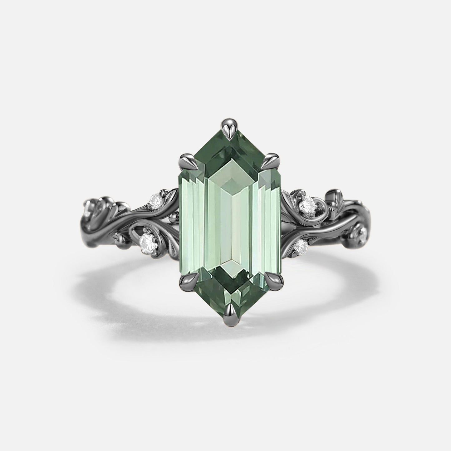 Long Hexagon Lab Green Sapphire Engagement Ring - Celadon
