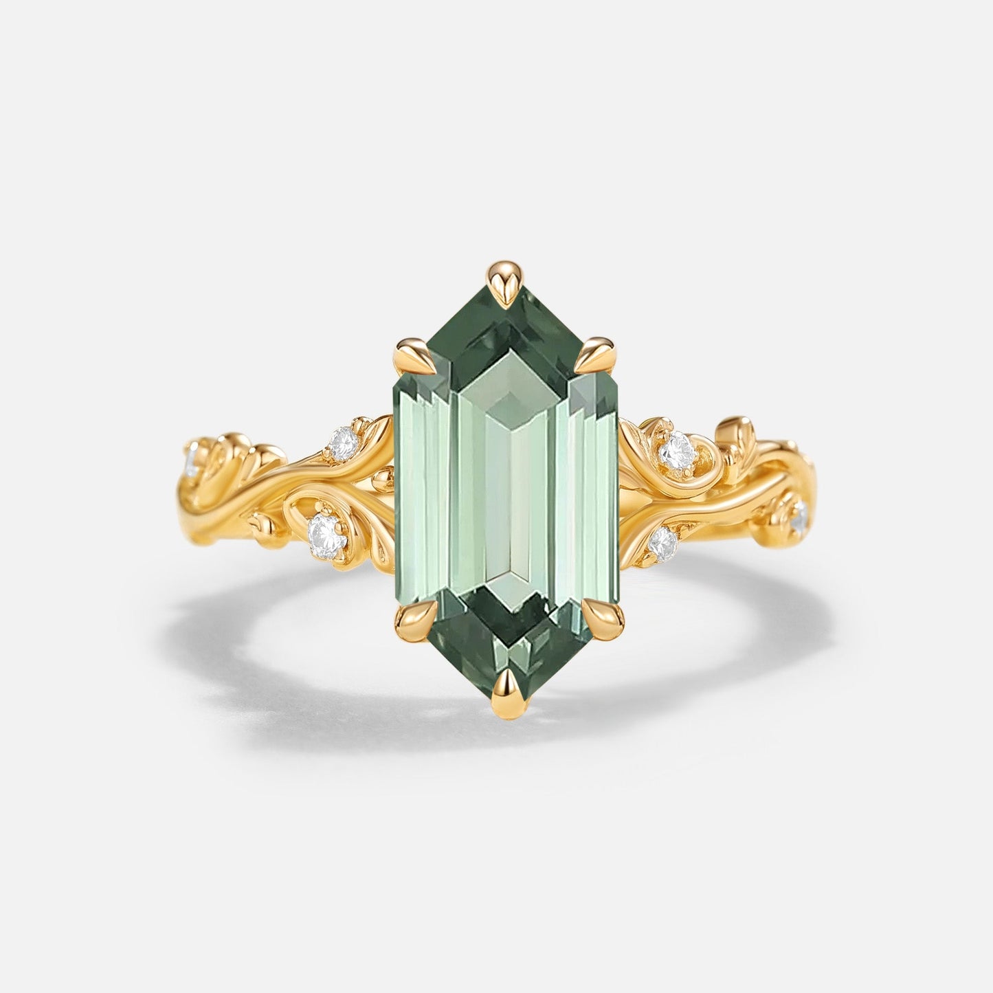 Long Hexagon Lab Green Sapphire Engagement Ring - Celadon