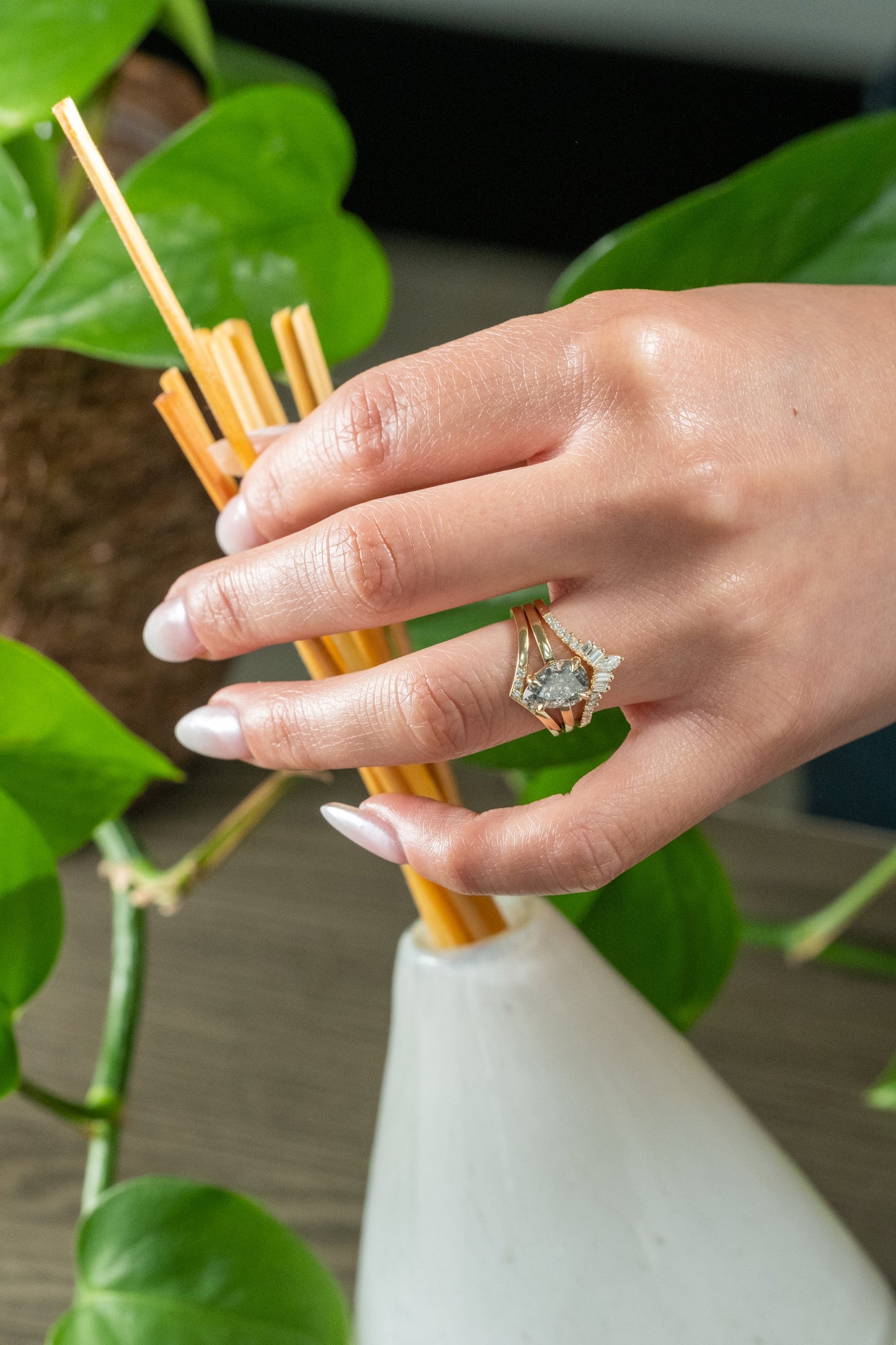 1.70 Carat Salt and Pepper Pear Diamond Engagement Ring, Basket Jane Setting, 14K Yellow Gold