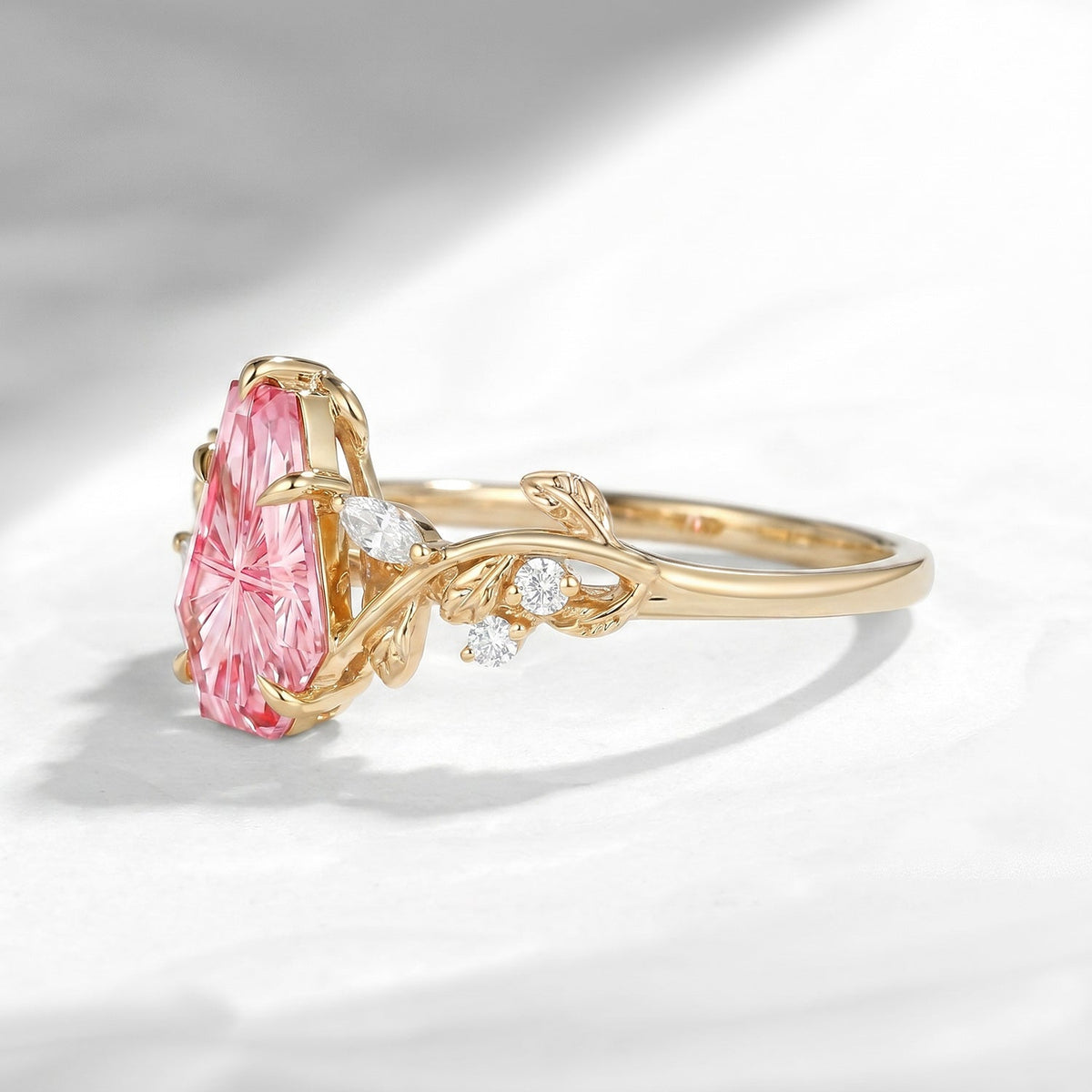 Nature Inspired - Fantasy Cut Coffin Lab Pink Sapphire Engagement Ring with Leaf Vine Band