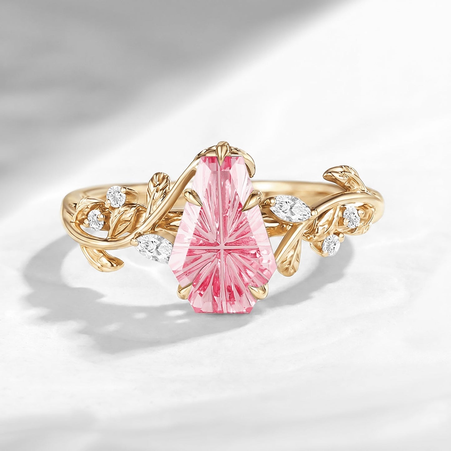 Nature Inspired - Fantasy Cut Coffin Lab Pink Sapphire Engagement Ring with Leaf Vine Band