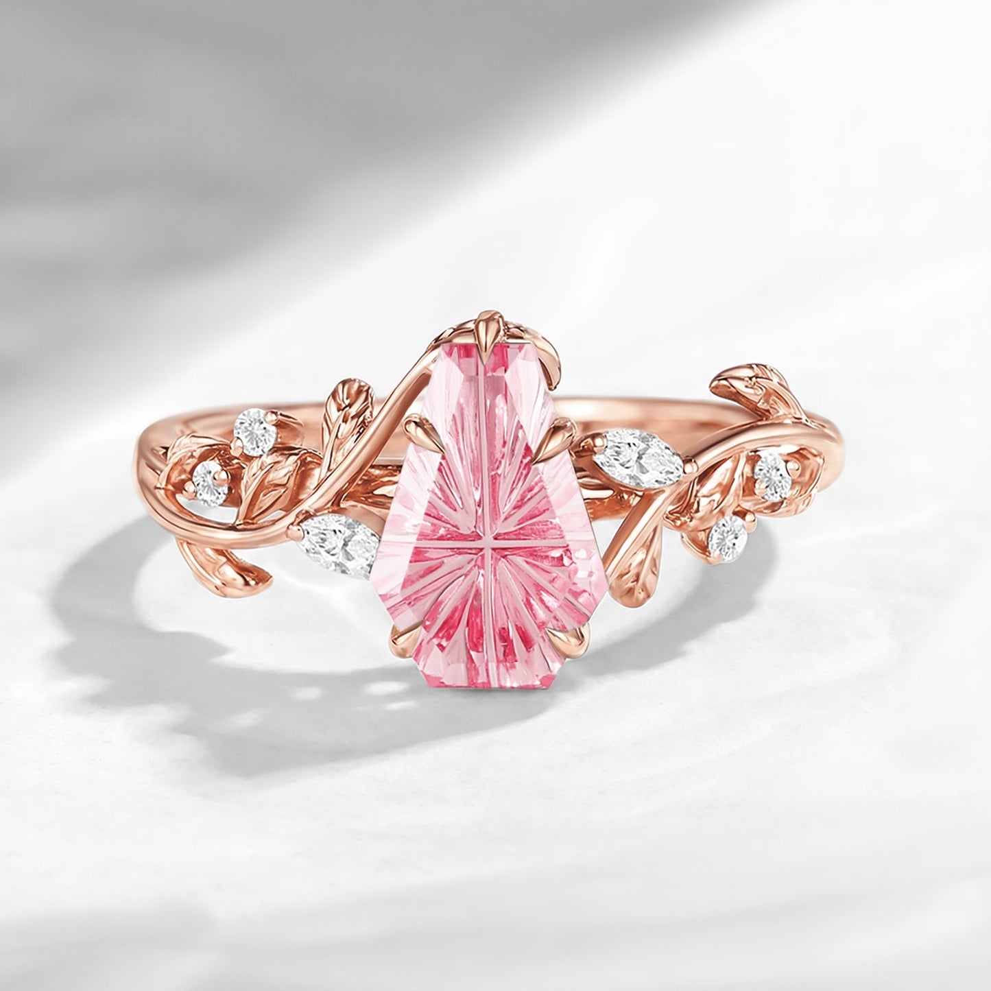 Nature Inspired - Fantasy Cut Coffin Lab Pink Sapphire Engagement Ring with Leaf Vine Band