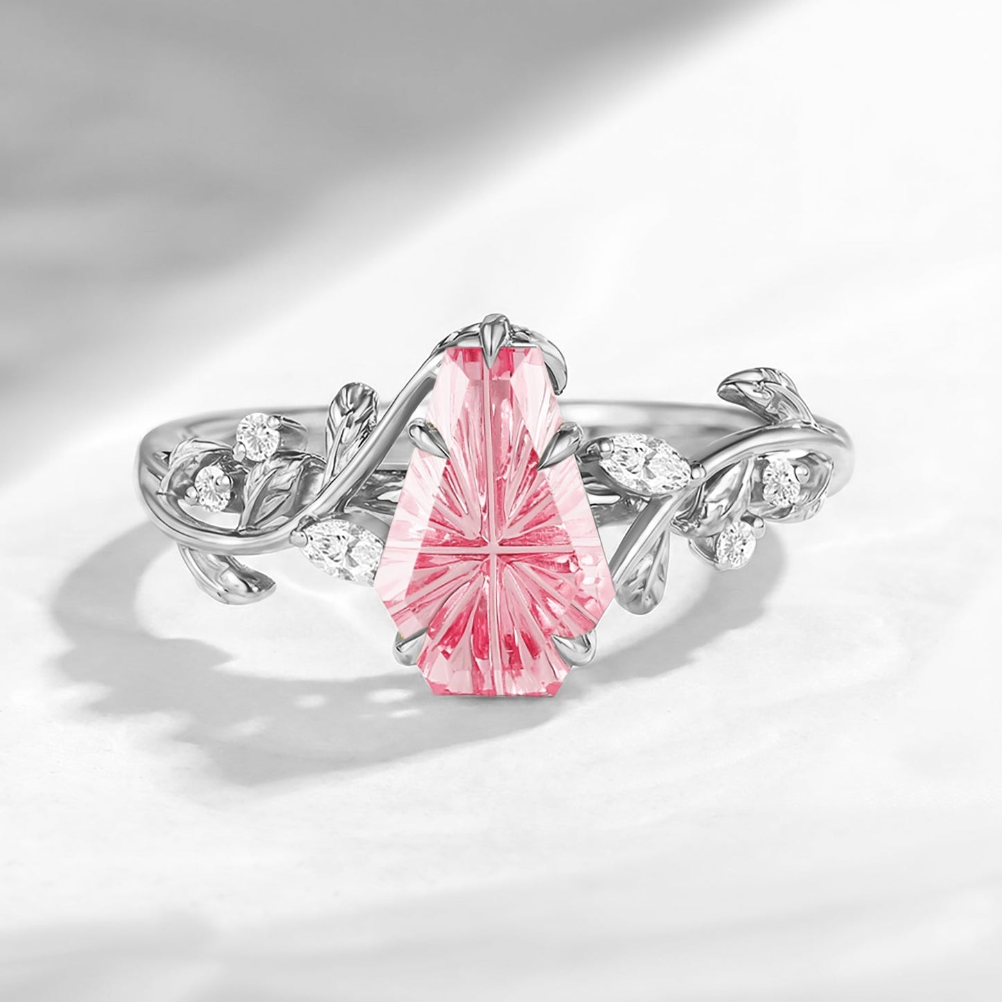 Nature Inspired - Fantasy Cut Coffin Lab Pink Sapphire Engagement Ring with Leaf Vine Band