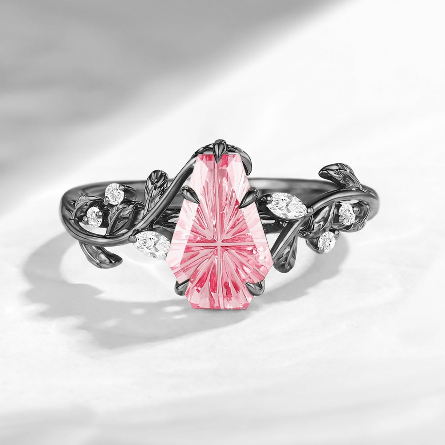 Nature Inspired - Fantasy Cut Coffin Lab Pink Sapphire Engagement Ring with Leaf Vine Band