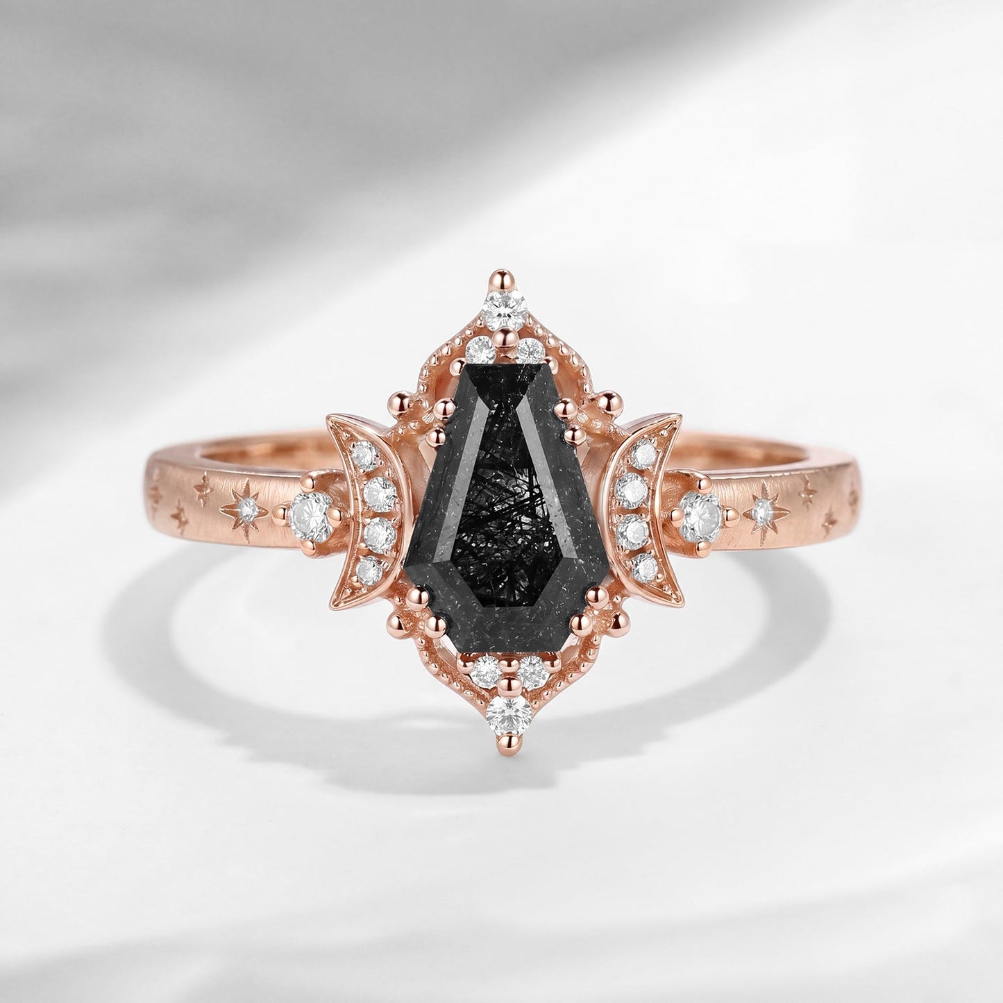'Till Death Do Us Part' – Star Engraved Coffin Black Rutilated Quartz Crescent Moon Engagement Ring with Textured Band