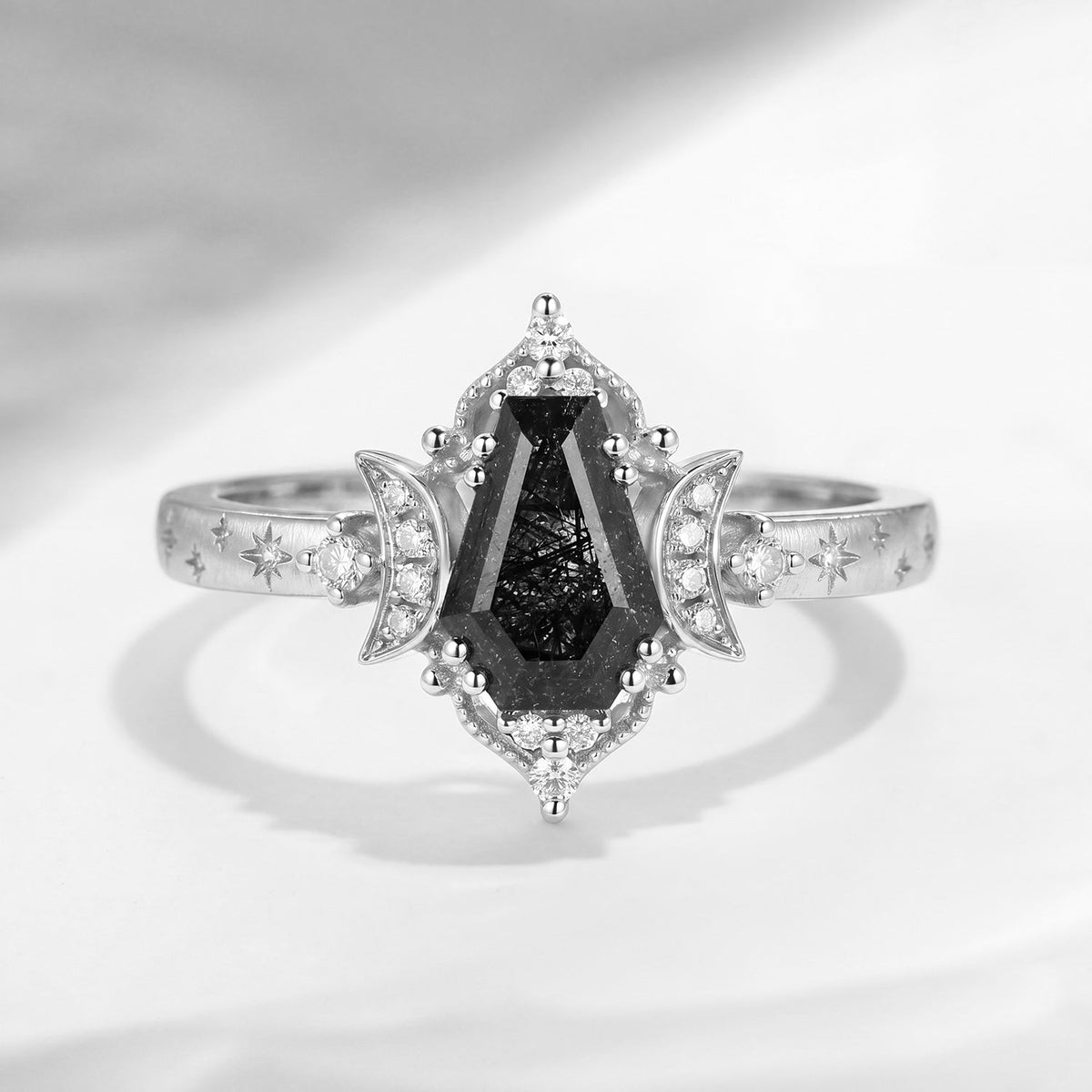 'Till Death Do Us Part' – Star Engraved Coffin Black Rutilated Quartz Crescent Moon Engagement Ring with Textured Band