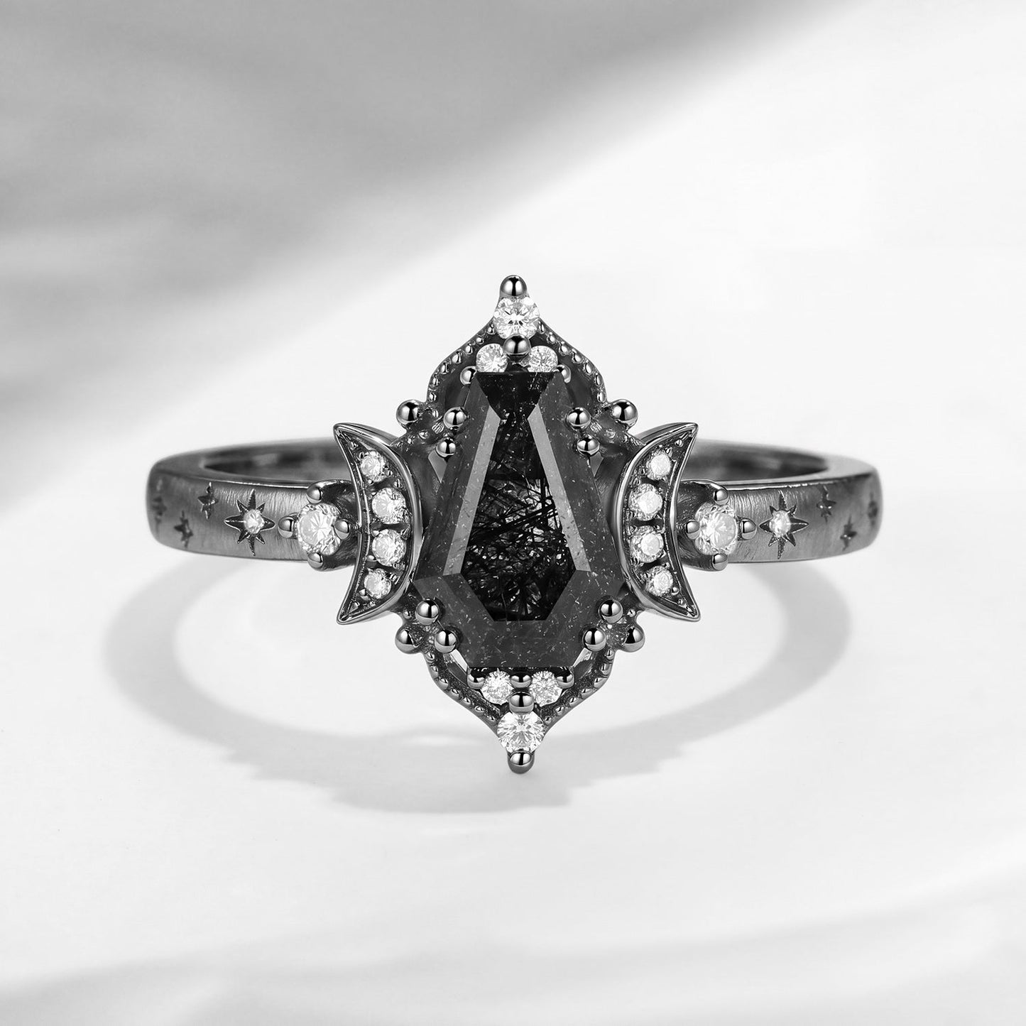 'Till Death Do Us Part' – Star Engraved Coffin Black Rutilated Quartz Crescent Moon Engagement Ring with Textured Band